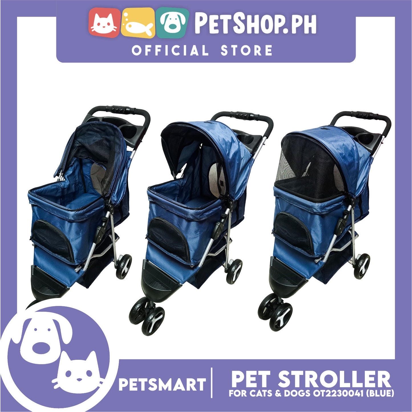 Pet Stroller 3 Wheels for Cats and Dogs, Blue Color (OT2230041) 36cm x 73cm x 105cm