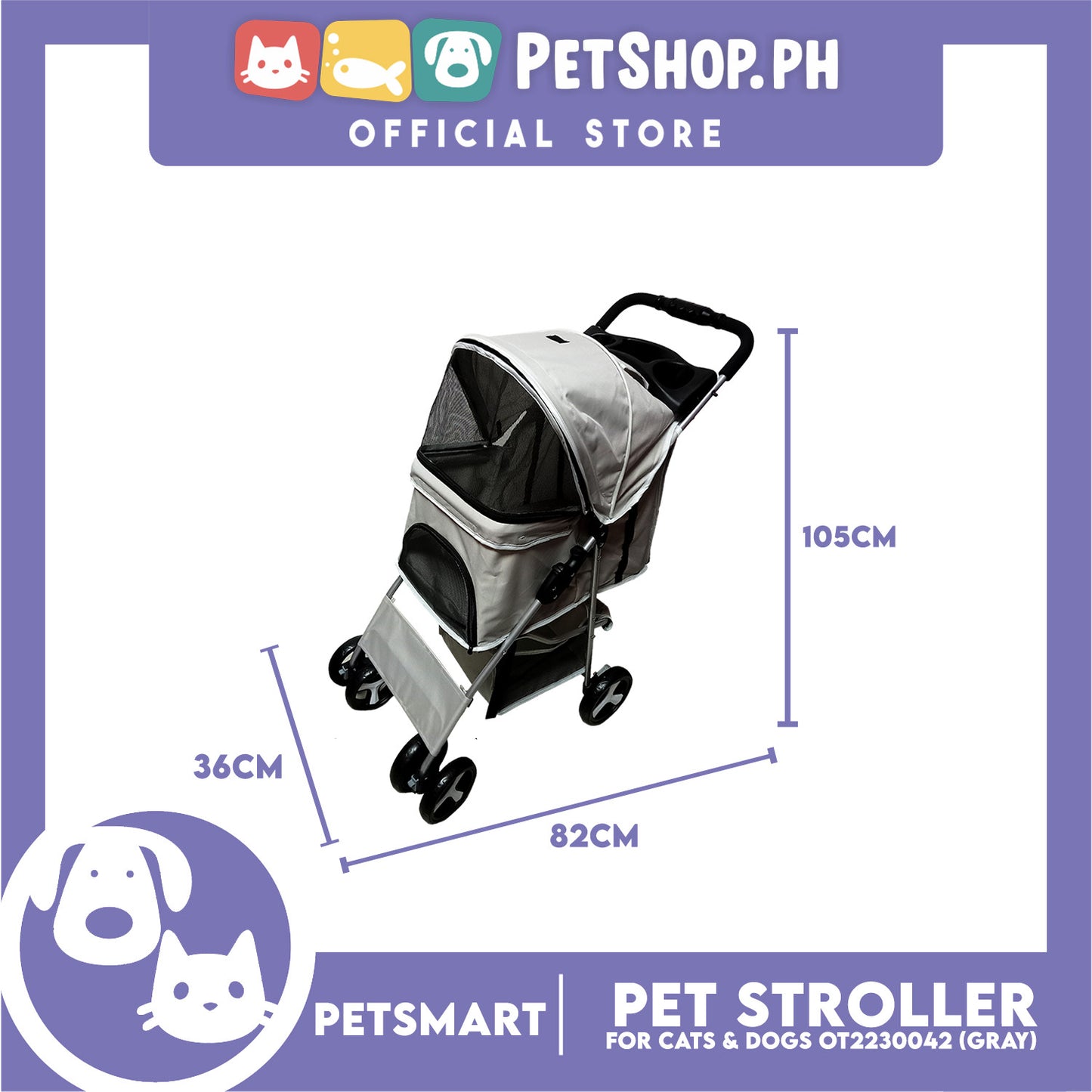 Pet Stroller 4 Wheels for Cats and Dogs, Gray Color (OT2230042) 36cm x 82cm x 105cm