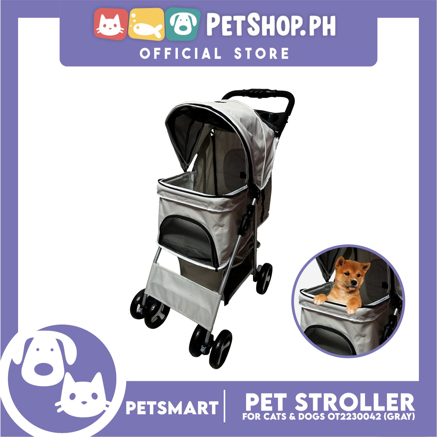 Pet Stroller 4 Wheels for Cats and Dogs, Gray Color (OT2230042) 36cm x 82cm x 105cm