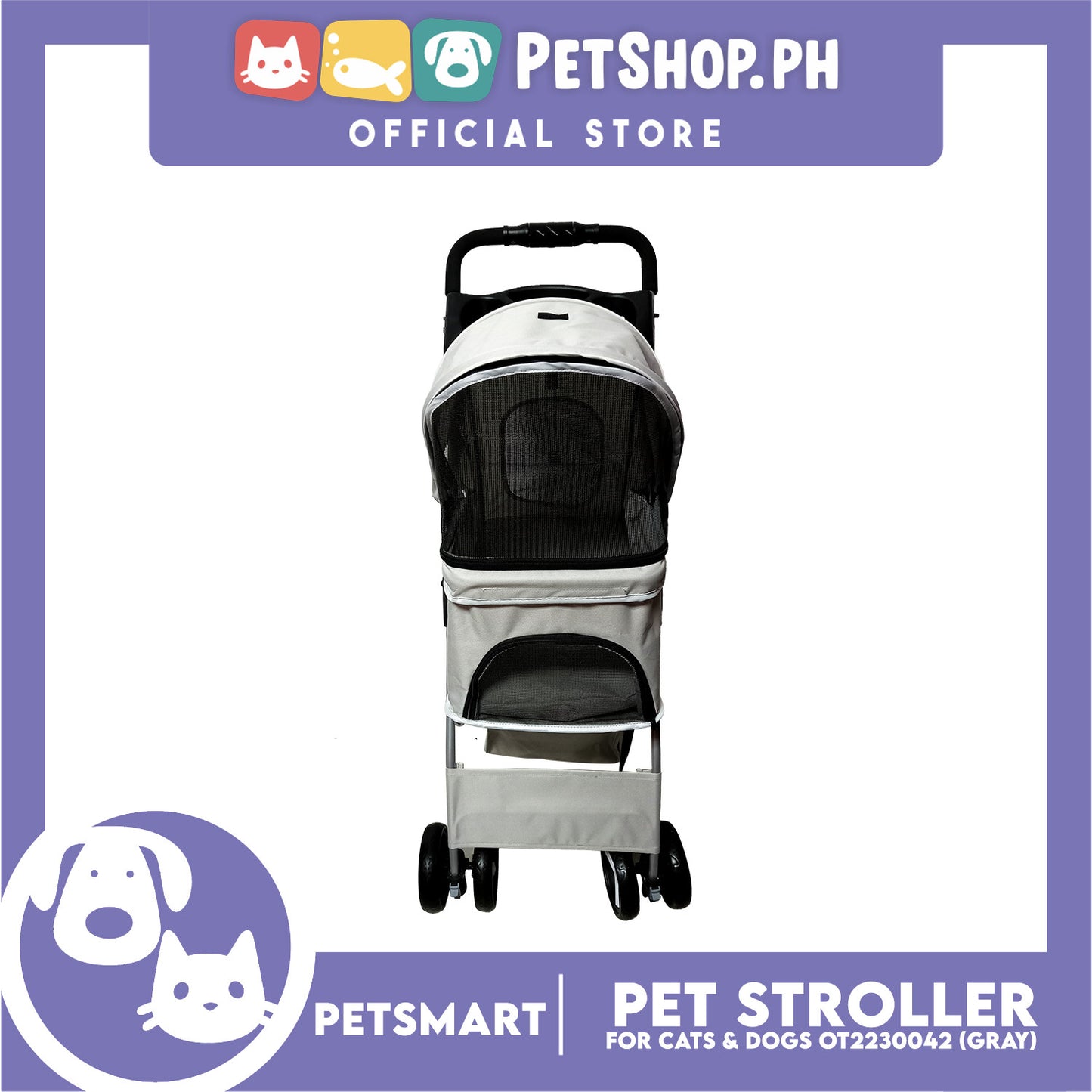 Pet Stroller 4 Wheels for Cats and Dogs, Gray Color (OT2230042) 36cm x 82cm x 105cm
