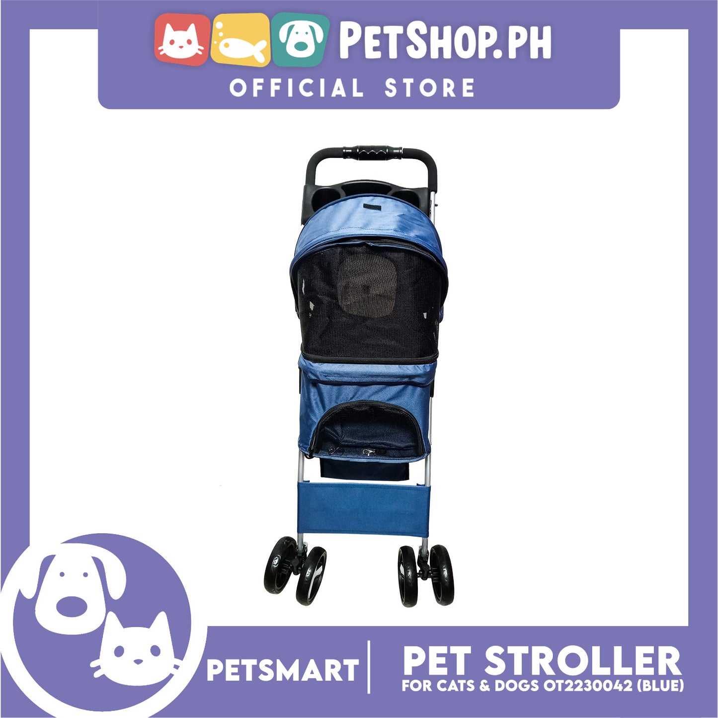 Pet Stroller 4 Wheels for Cats and Dogs, Blue Color (OT2230042) 36cm x 82cm x 105cm