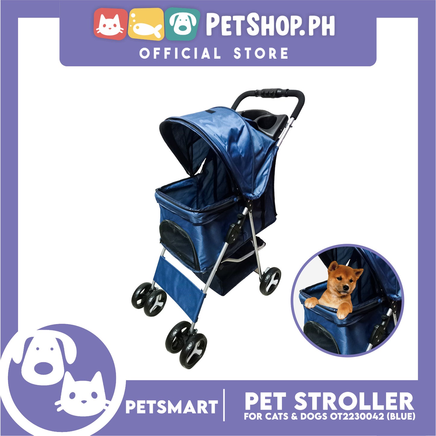 Pet Stroller 4 Wheels for Cats and Dogs, Blue Color (OT2230042) 36cm x 82cm x 105cm