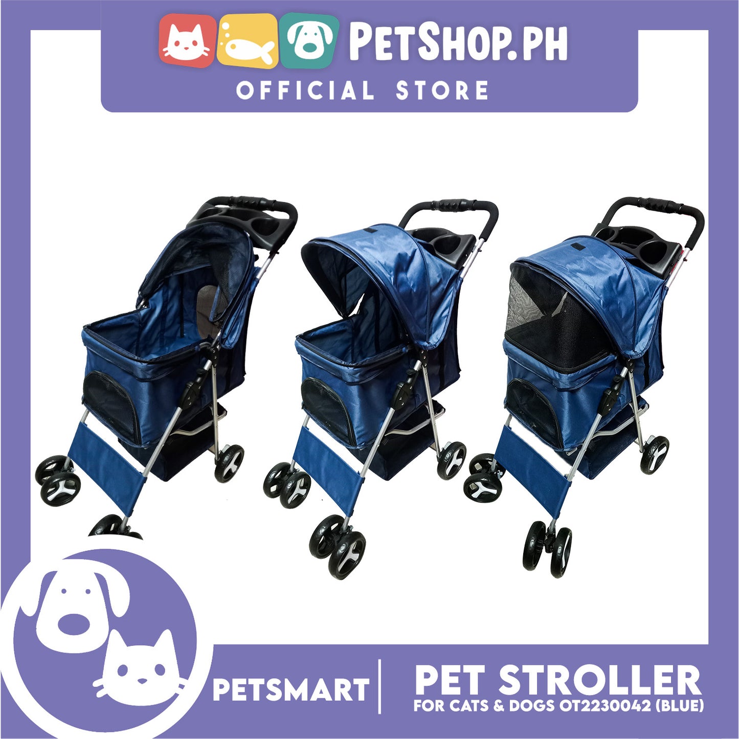 Pet Stroller 4 Wheels for Cats and Dogs, Blue Color (OT2230042) 36cm x 82cm x 105cm