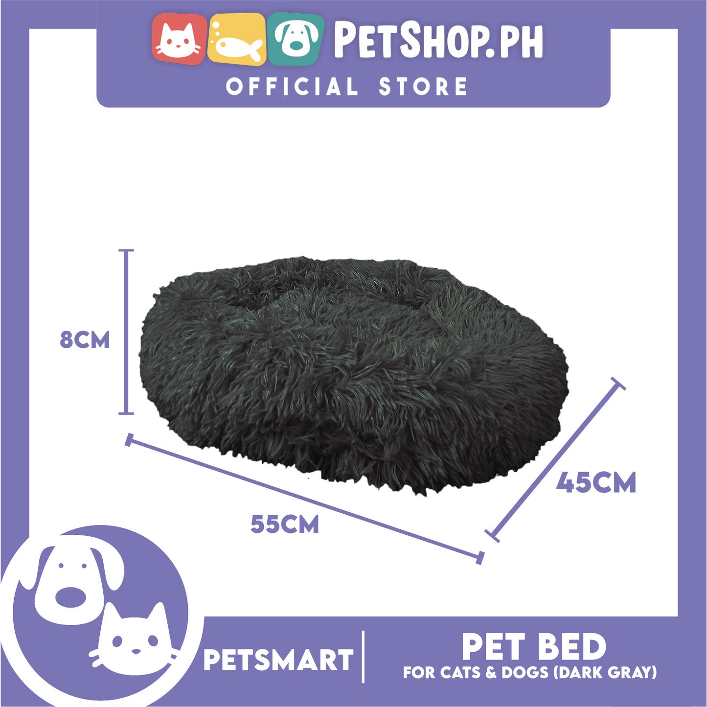 Pet Bed for Cats and Dogs (Dark Gray Color) Medium Size 55cm x 45cm x 8cm