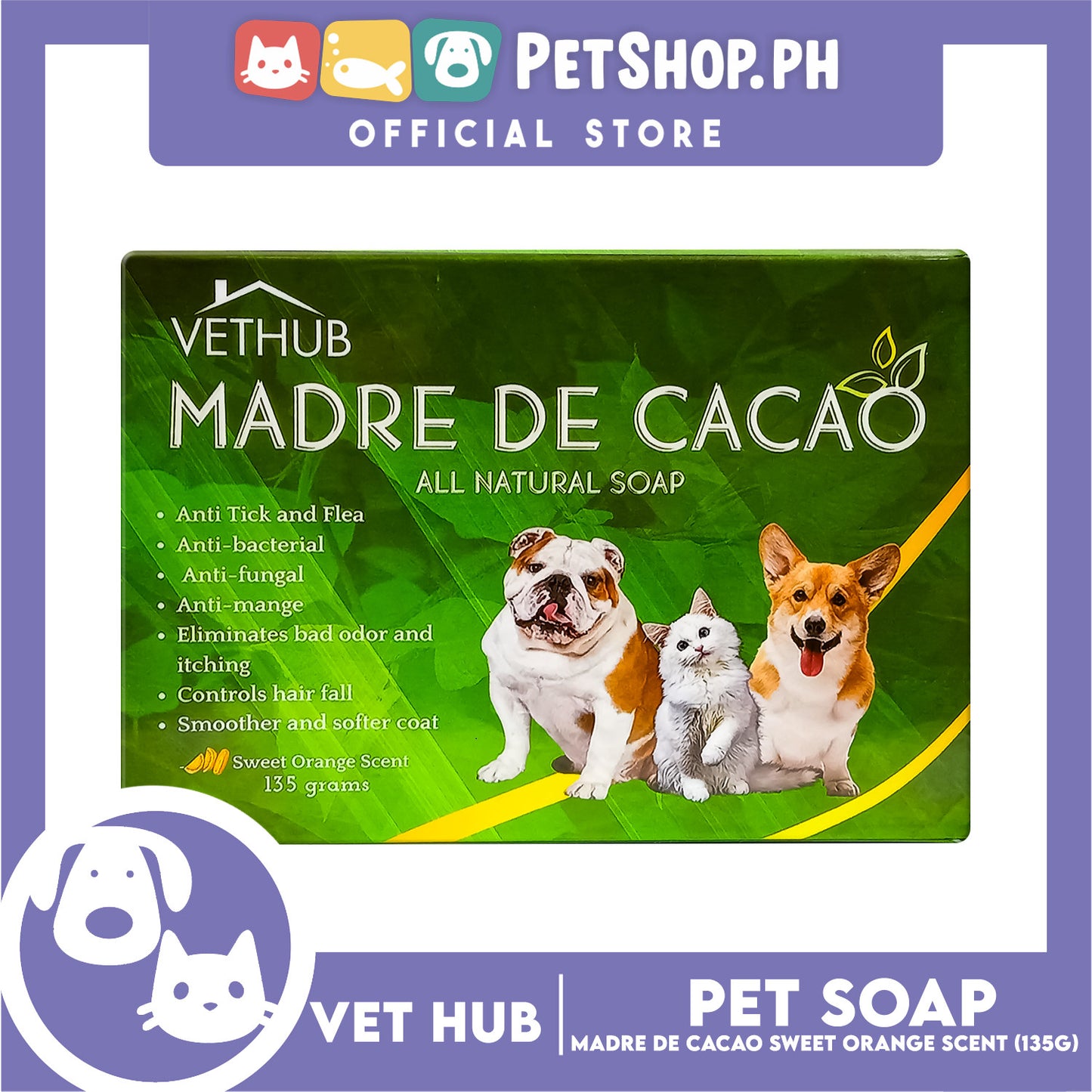 Vethub Madre De Cacao All Natural Soap for Cats and Dogs, 135g (Sweet Orange Scent)