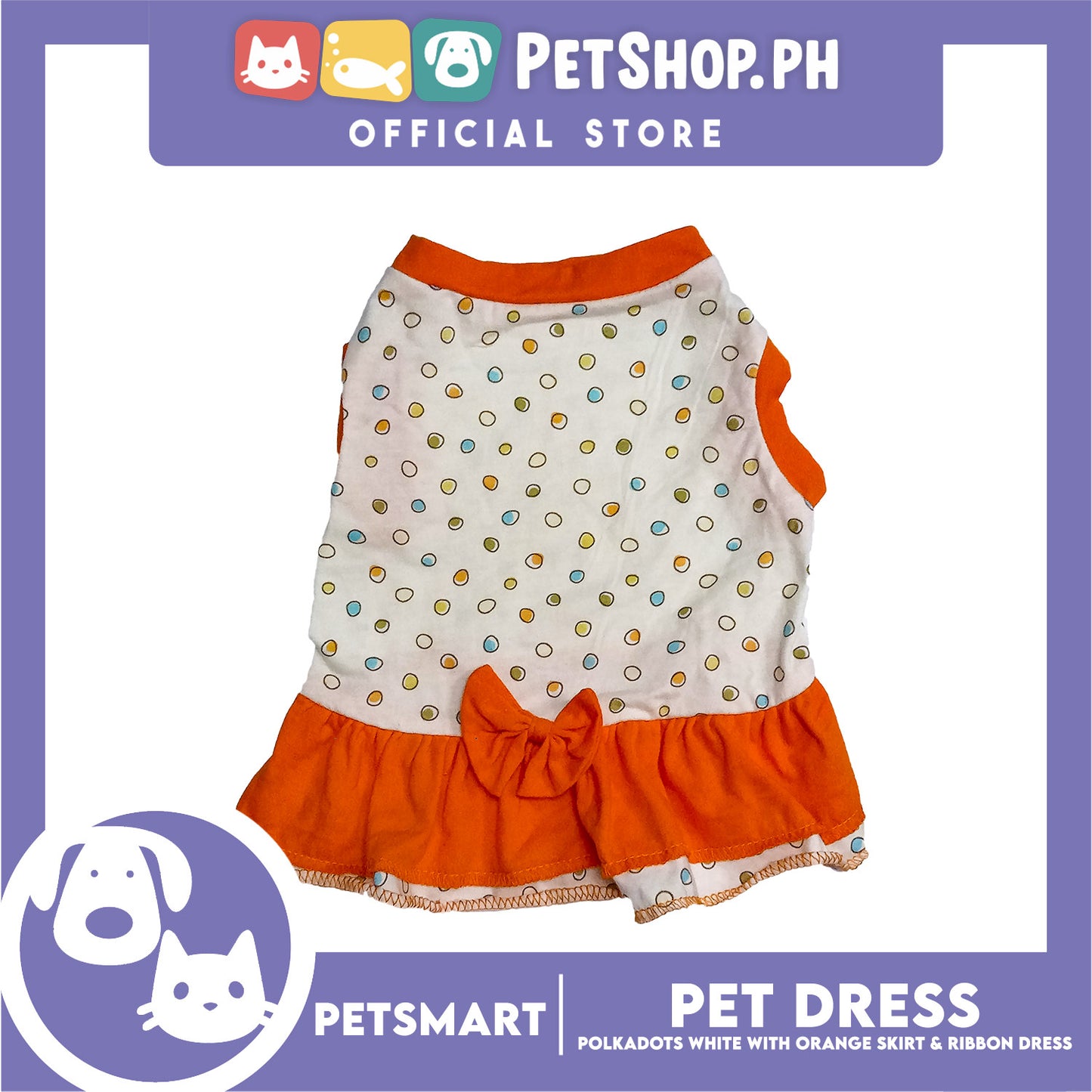 Pet Dress Polkadots White with Orange Color Skirt and Ribbon Design, Small Size (DG-CTN200S)