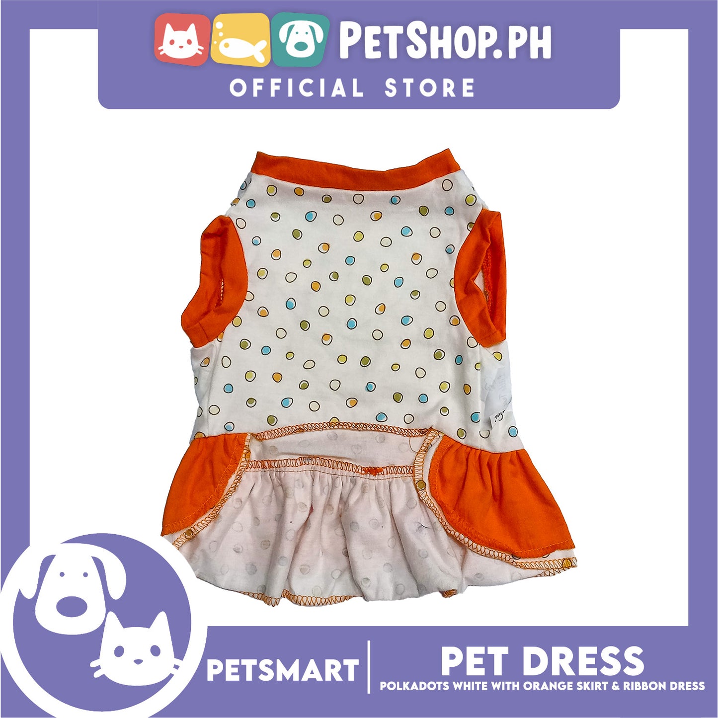 Pet Dress Polkadots White with Orange Color Skirt and Ribbon Design, Medium Size (DG-CTN200M)