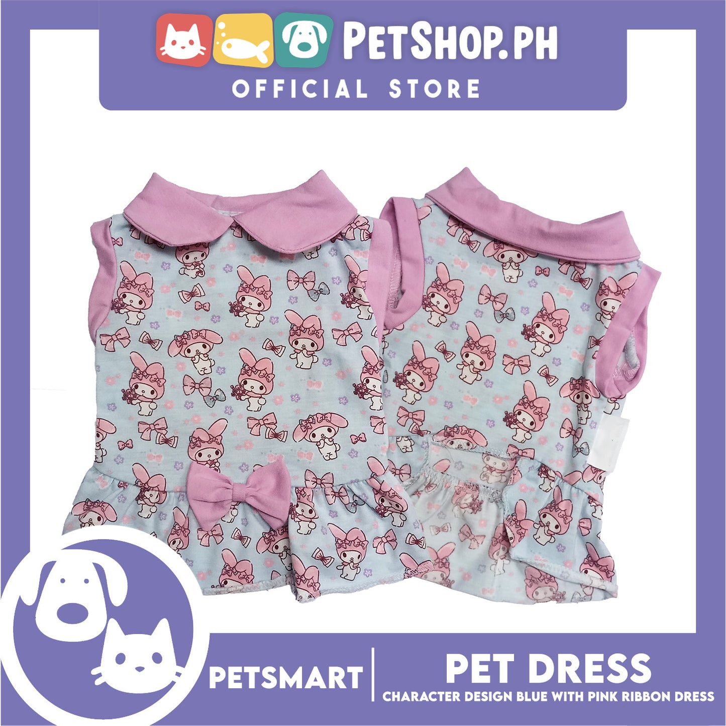Pet Dress Character Design, Blue with Pink Ribbon Color, Small Size (DG-CTN205S)