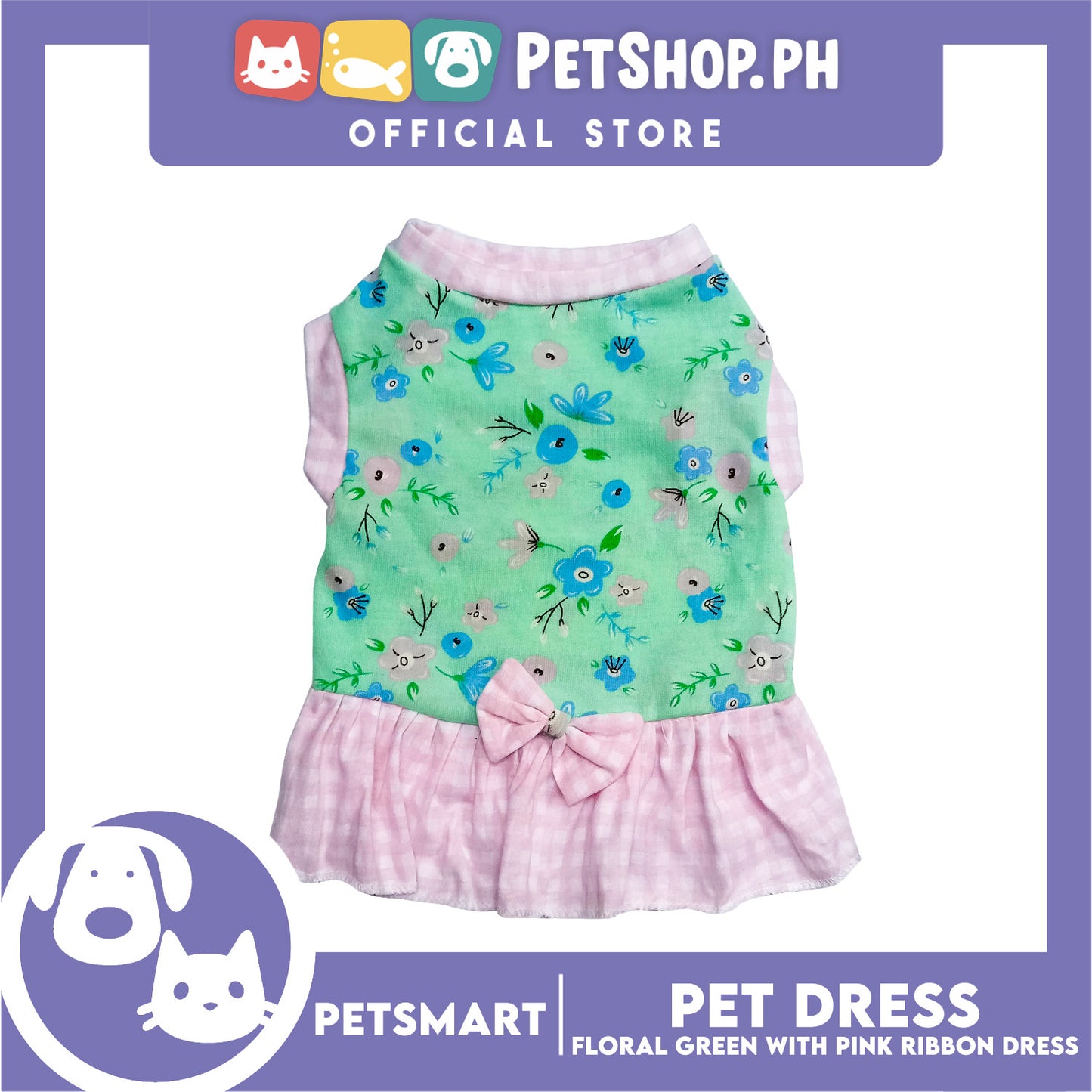 Pet Dress Floral Green with Pink Ribbon Design, Small Size (DG-CTN212S)