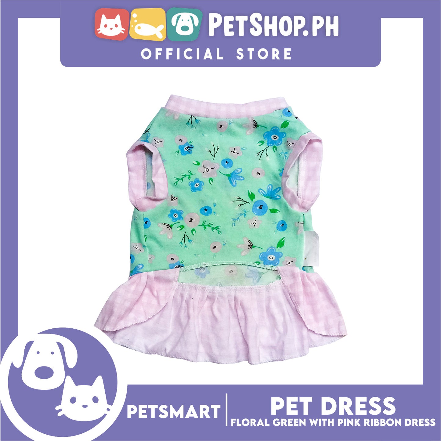 Pet Dress Floral Green with Pink Ribbon Design, Small Size (DG-CTN212S)