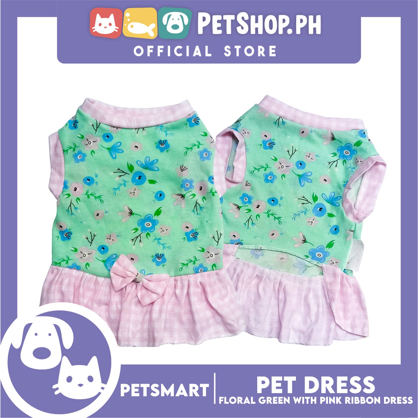 Pet Dress Floral Green with Pink Ribbon Design, Small Size (DG-CTN212S)