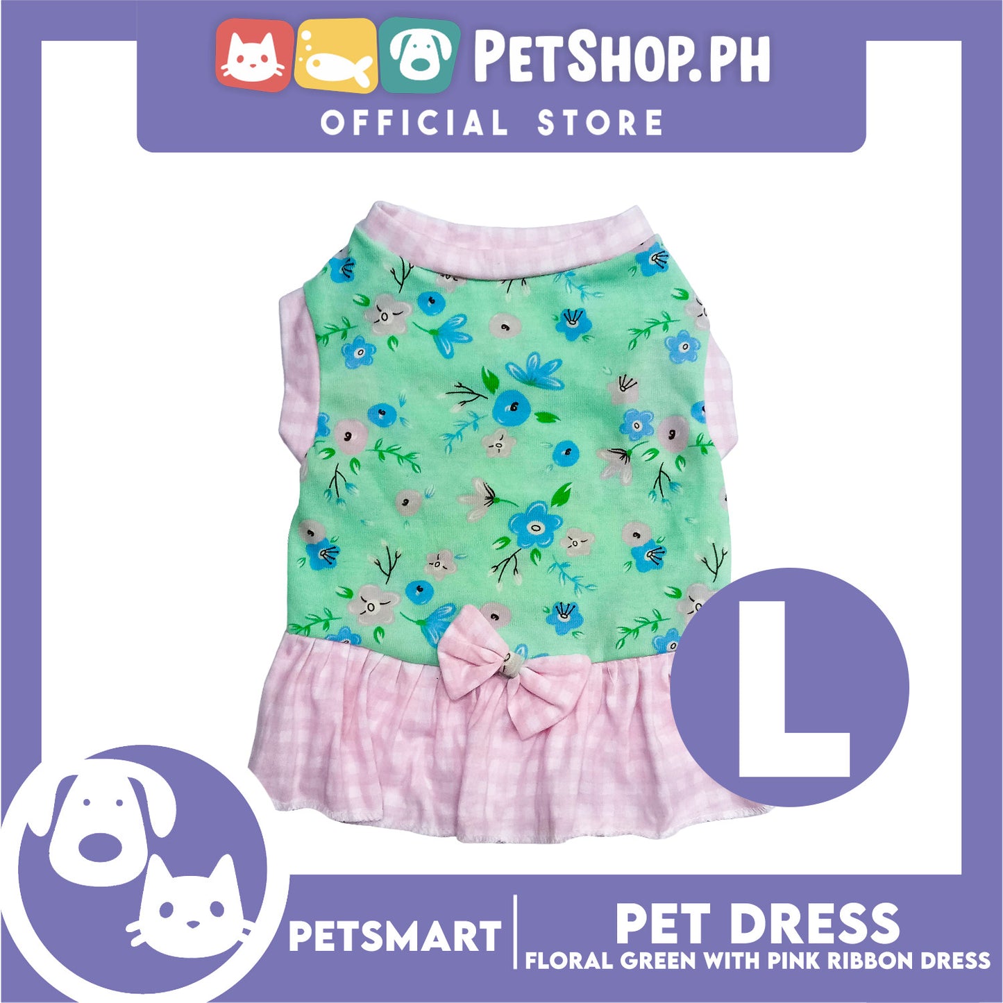Pet Dress Floral Green with Pink Ribbon Design, Large Size (DG-CTN212L)