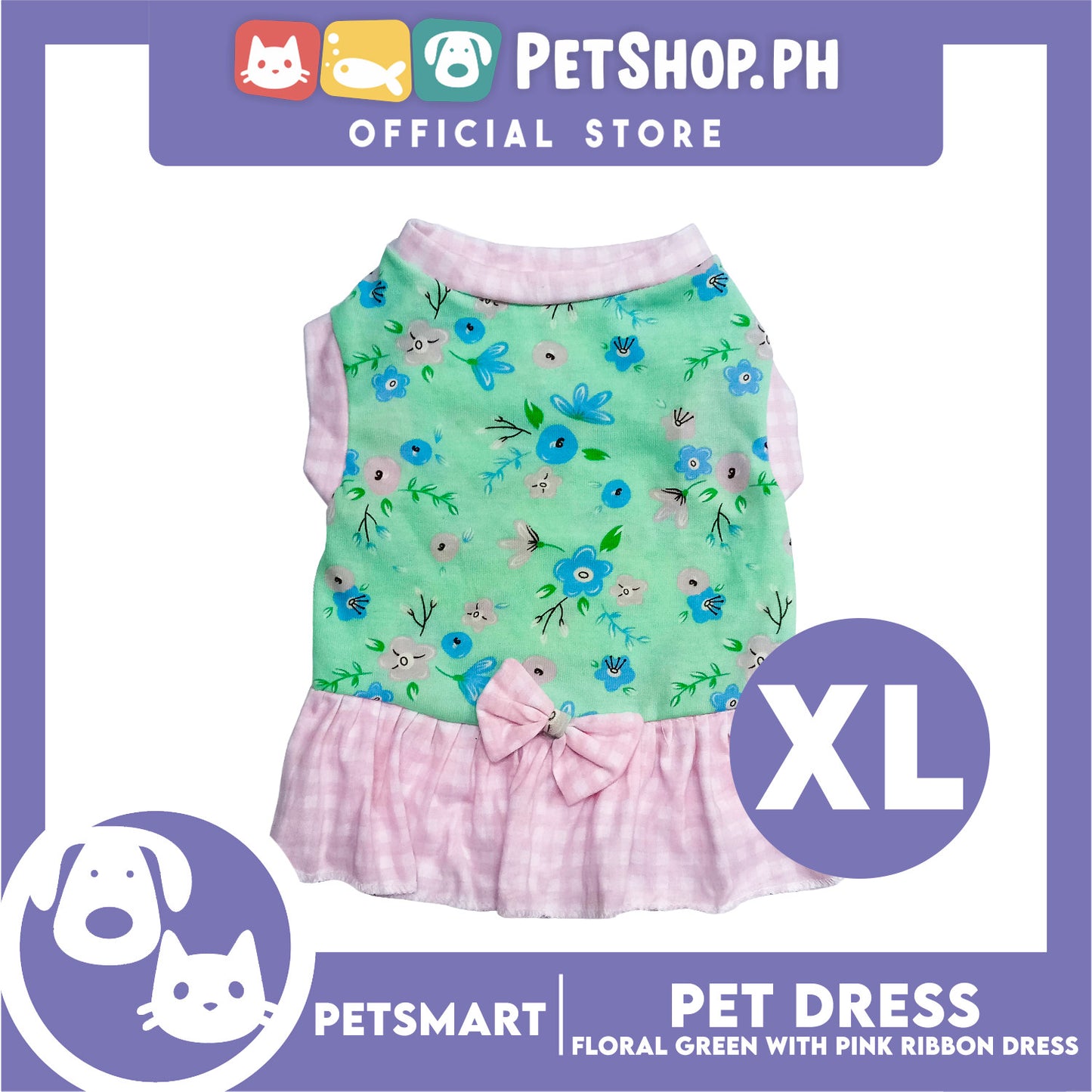 Pet Dress Floral Green with Pink Ribbon Design, XL Size (DG-CTN212XL)