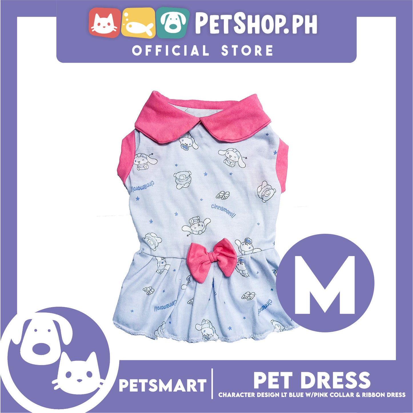 Pet Dress Character Design Light Blue with Pink Collar and Ribbon Color Design, Medium Size (DG-CTN201M)