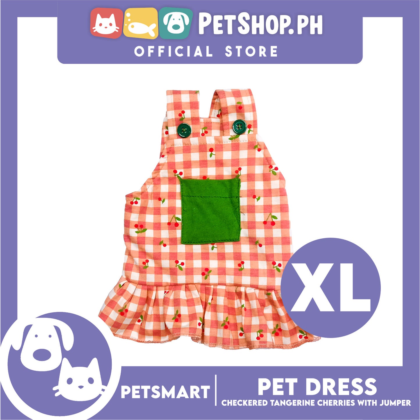 Pet Dress Checkered Tangerine Cherries with Jumper Design, XL Size (DG-CTN211XL)