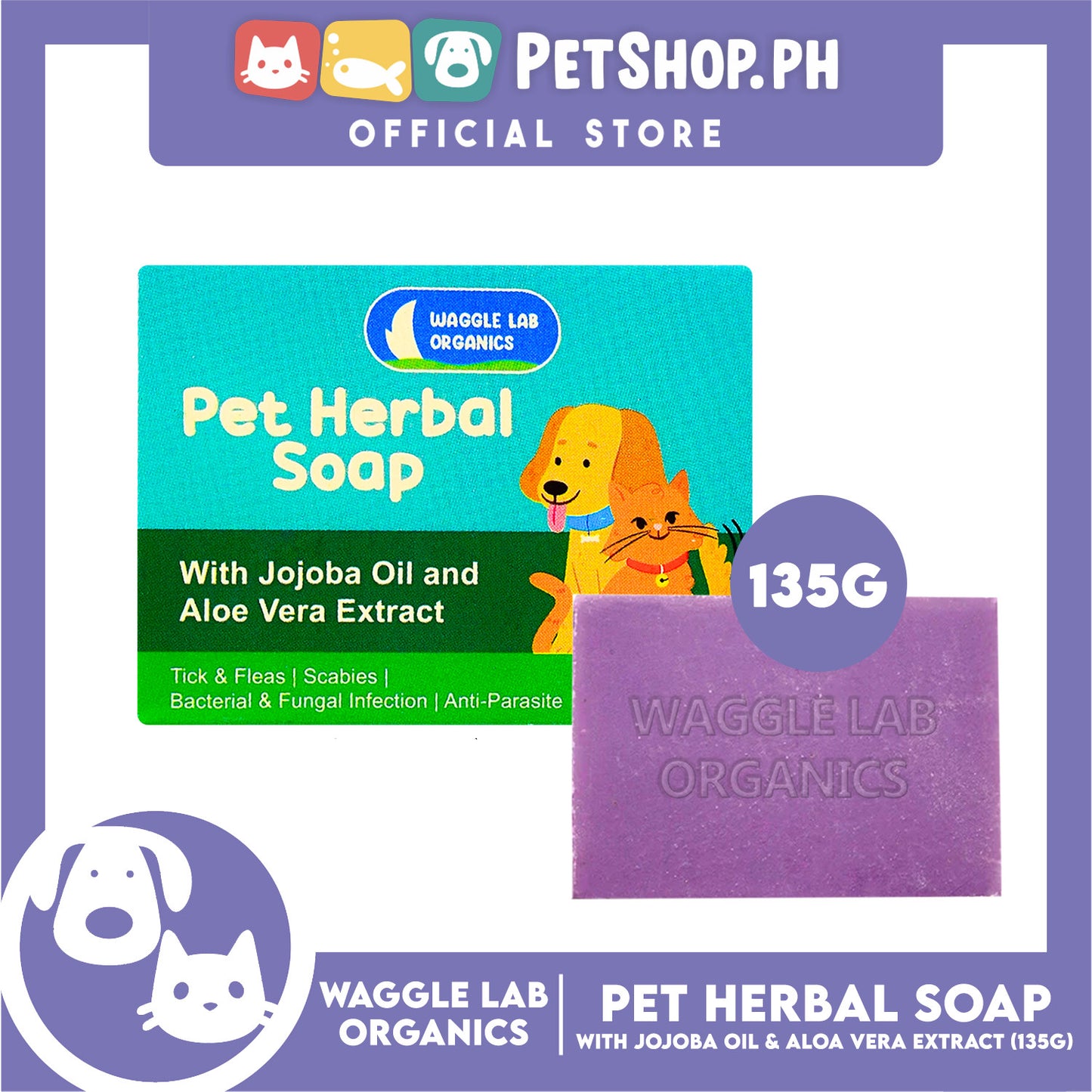 Waggle Lab Organics Pet Herbal Soap with Jojoba Oil and Aloe Vera Extract 135g