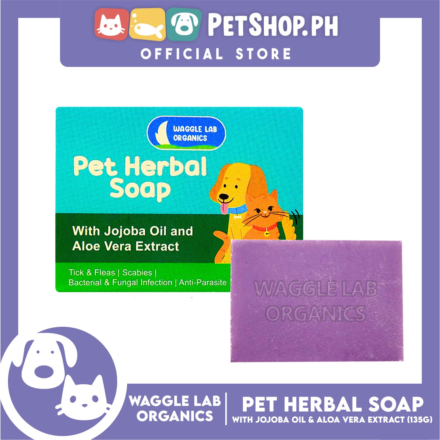 Waggle Lab Organics Pet Herbal Soap with Jojoba Oil and Aloe Vera Extract 135g
