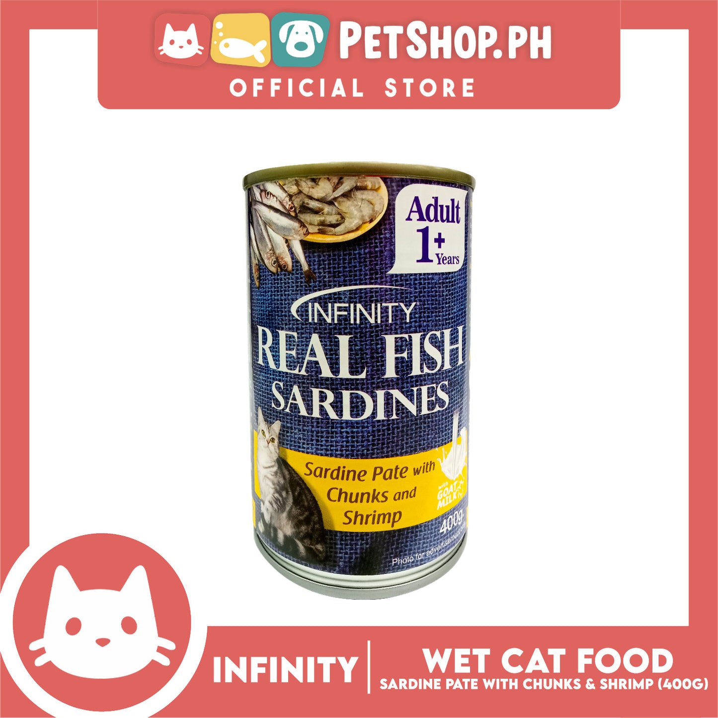 Infinity Real Fish Sardines Adult Cat Can Wet Food (Sardine Pate with Chunks and Shrimp) 400g