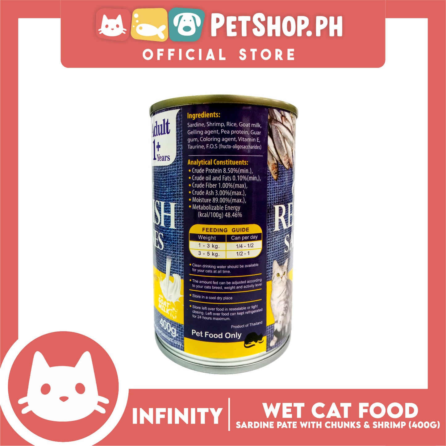 Infinity Real Fish Sardines Adult Cat Can Wet Food (Sardine Pate with Chunks and Shrimp) 400g