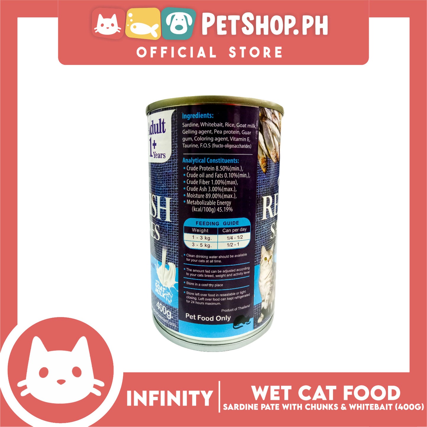 Infinity Real Fish Sardines Adult Cat Can Wet Food (Sardine Pate with Chunks and Whitebait) 400g