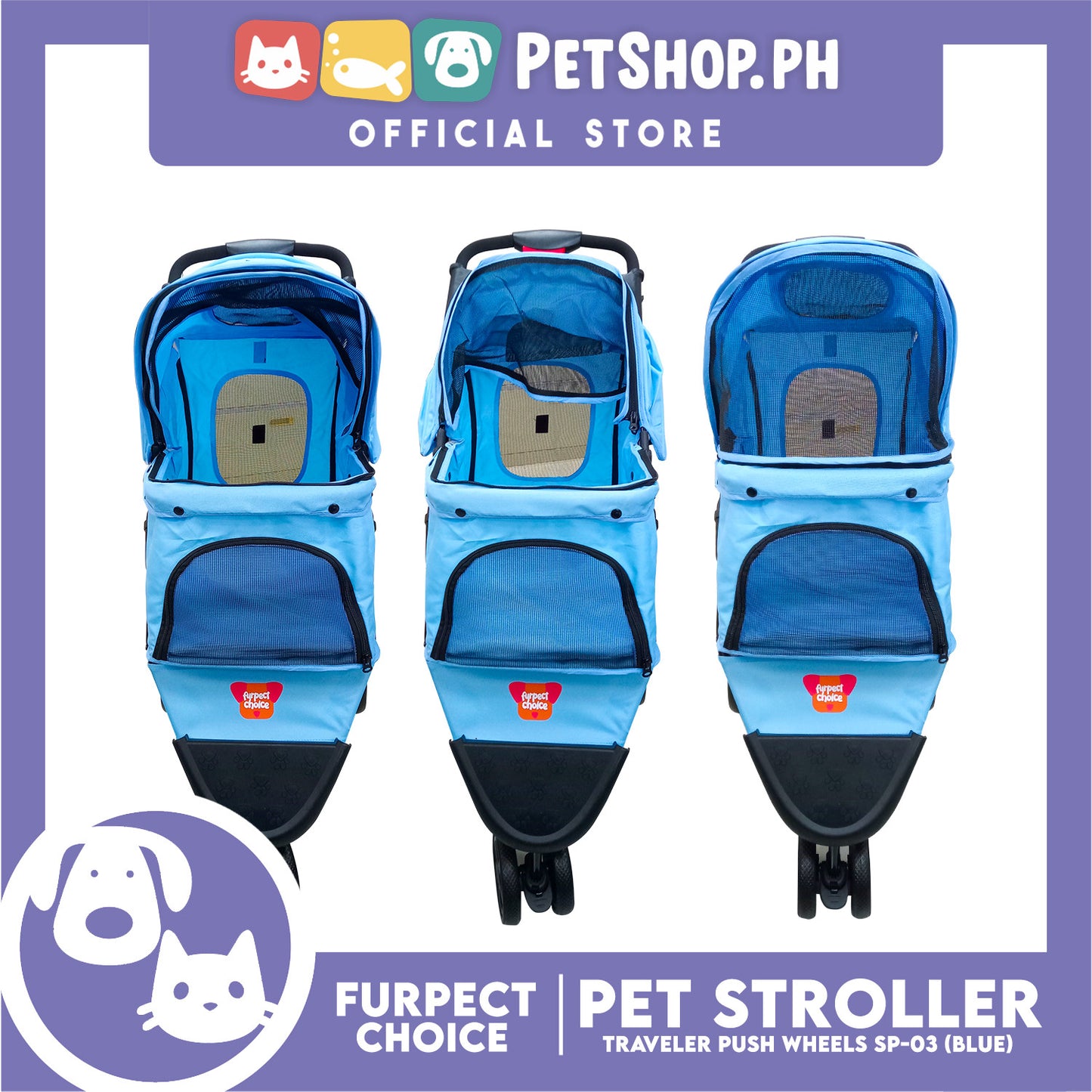 Silver Pet Pet Stroller Travel Push 4 Wheels for Cats and Dogs, Blue Color SP-03