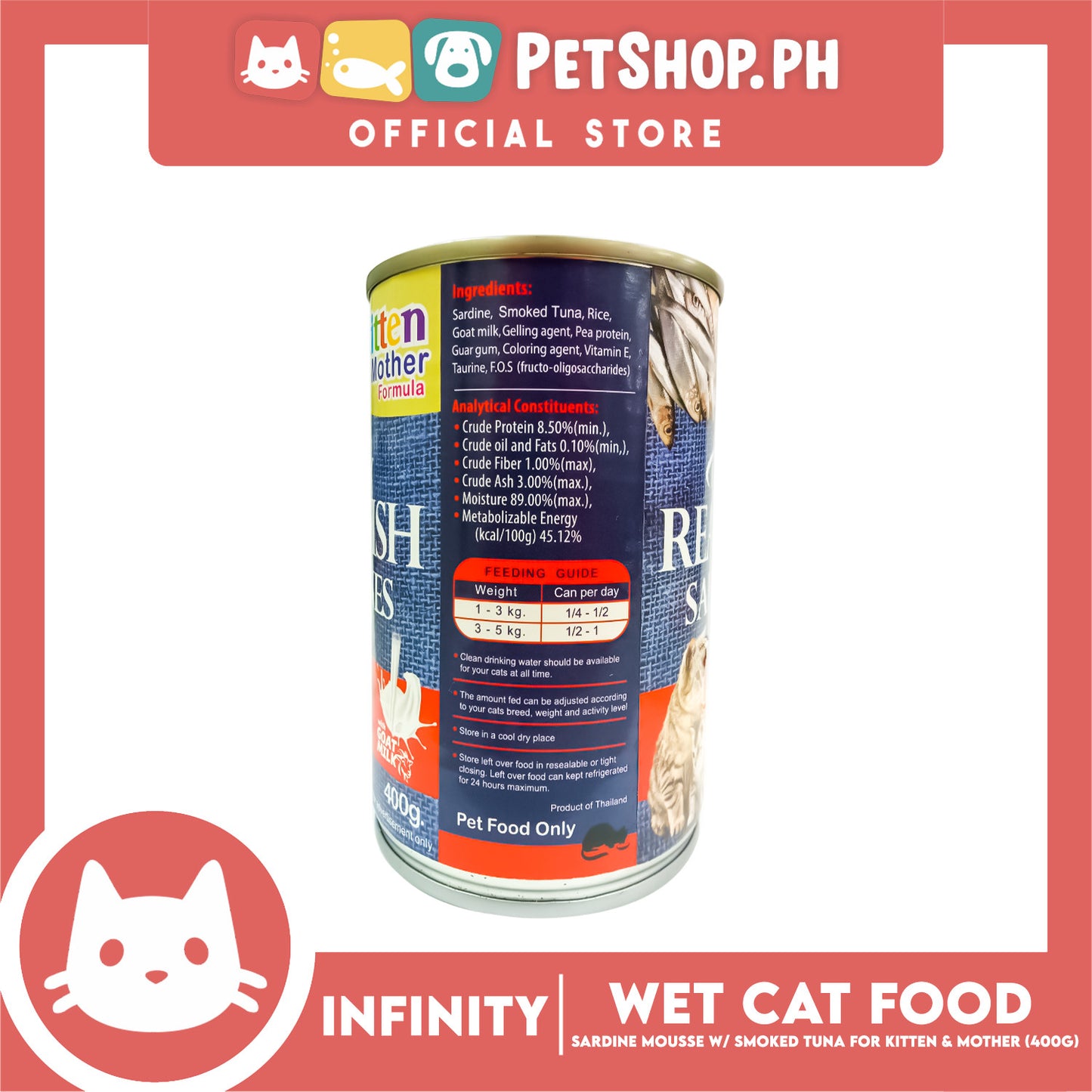 Infinity Real Fish Sardines Kitten and Mother Cat Can Wet Food (Sardine Mousse w/ Smoked Tuna) 400g