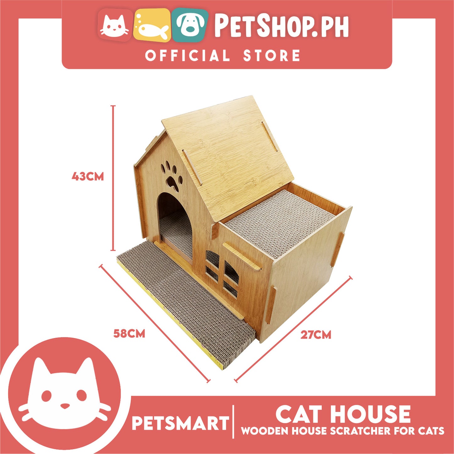 Wooden Cat House with Scratching Cardboard Cat Pad Scratcher MZB064 easy to assemble