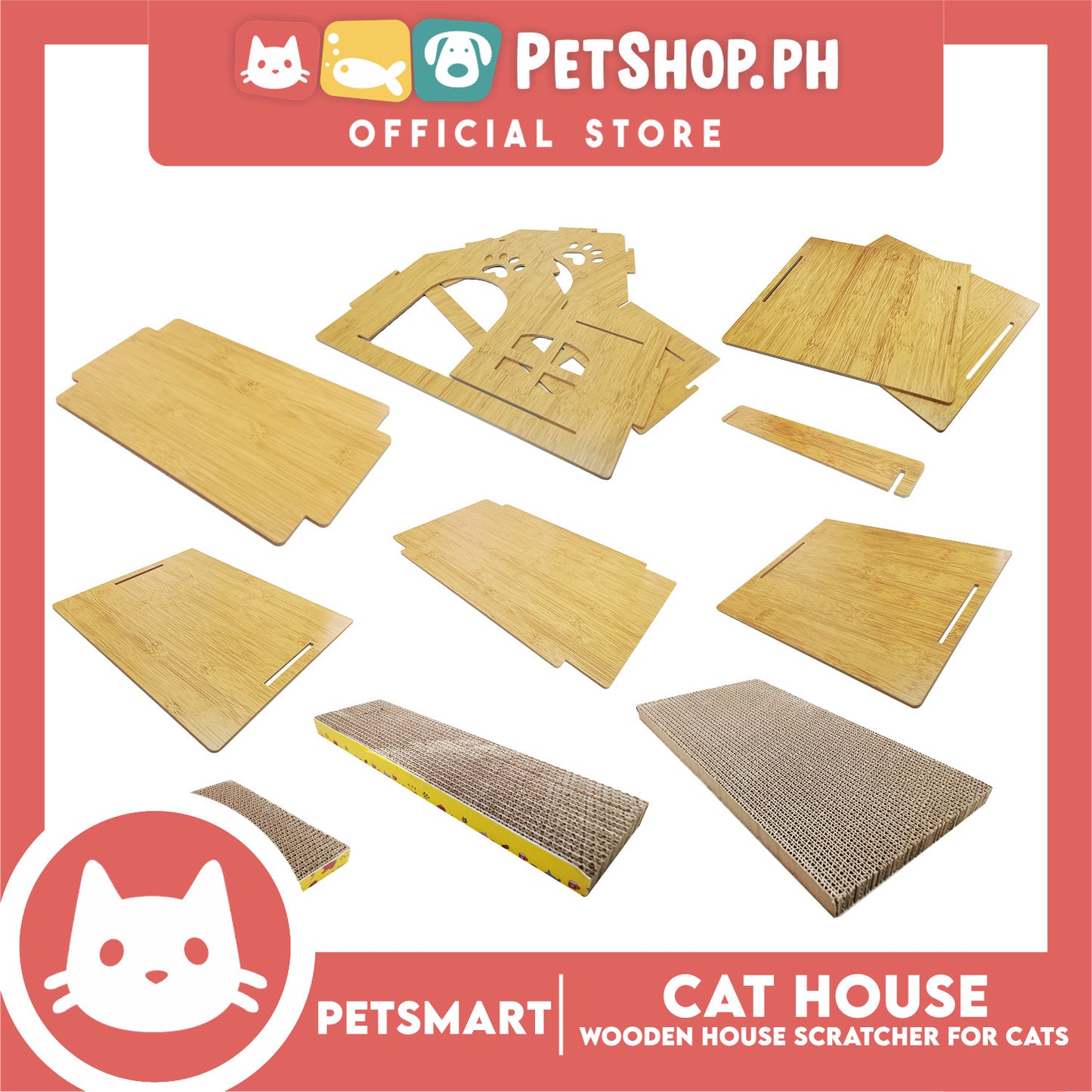 Wooden Cat House with Scratching Cardboard Cat Pad Scratcher MZB064 easy to assemble