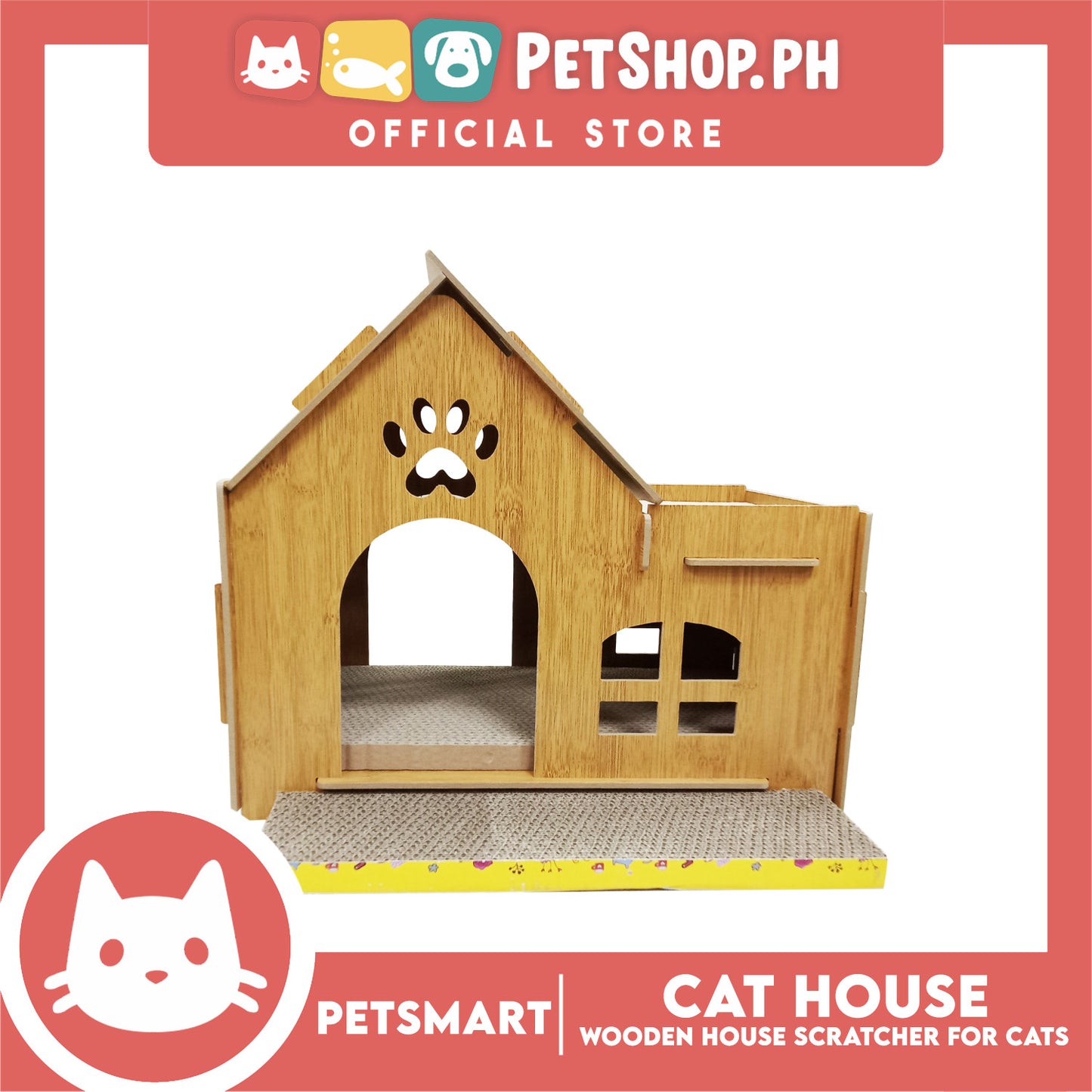 Wooden Cat House with Scratching Cardboard Cat Pad Scratcher MZB064 easy to assemble