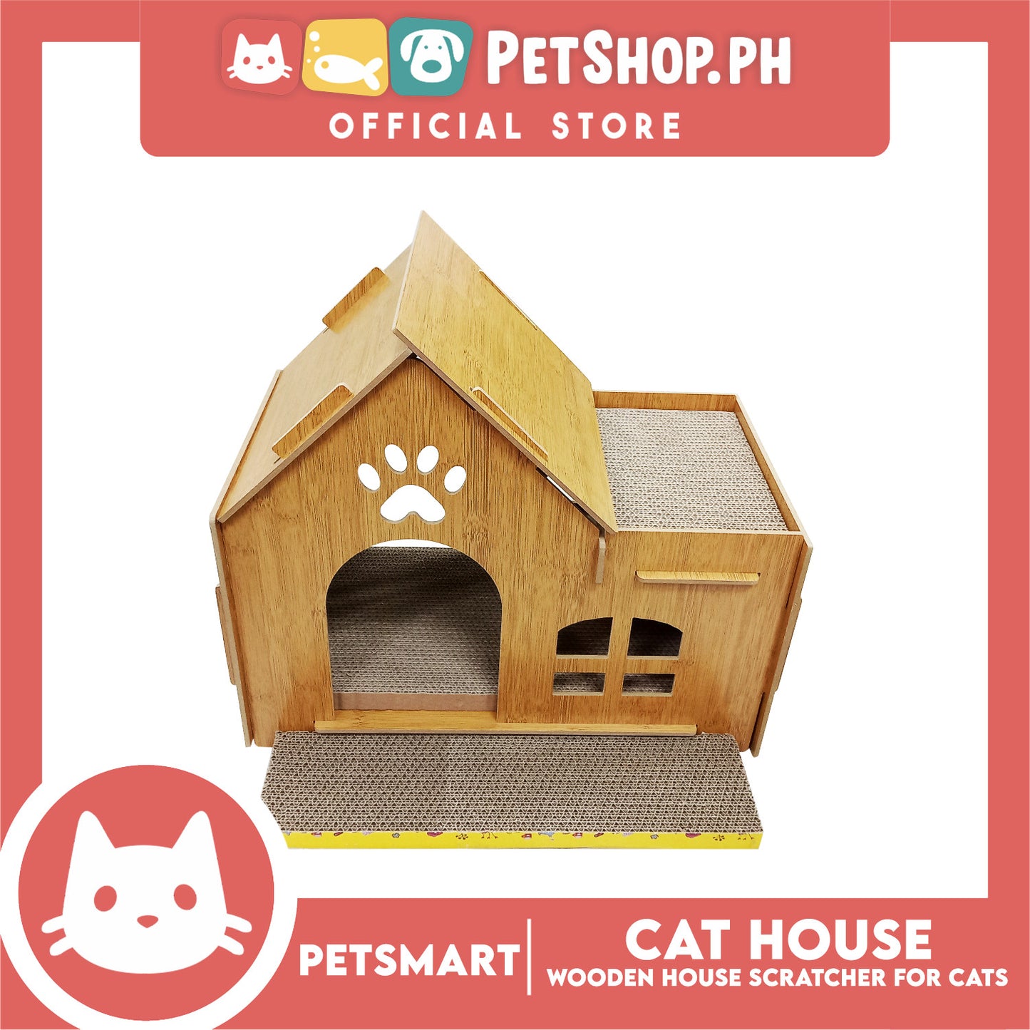 Wooden Cat House with Scratching Cardboard Cat Pad Scratcher MZB064 easy to assemble