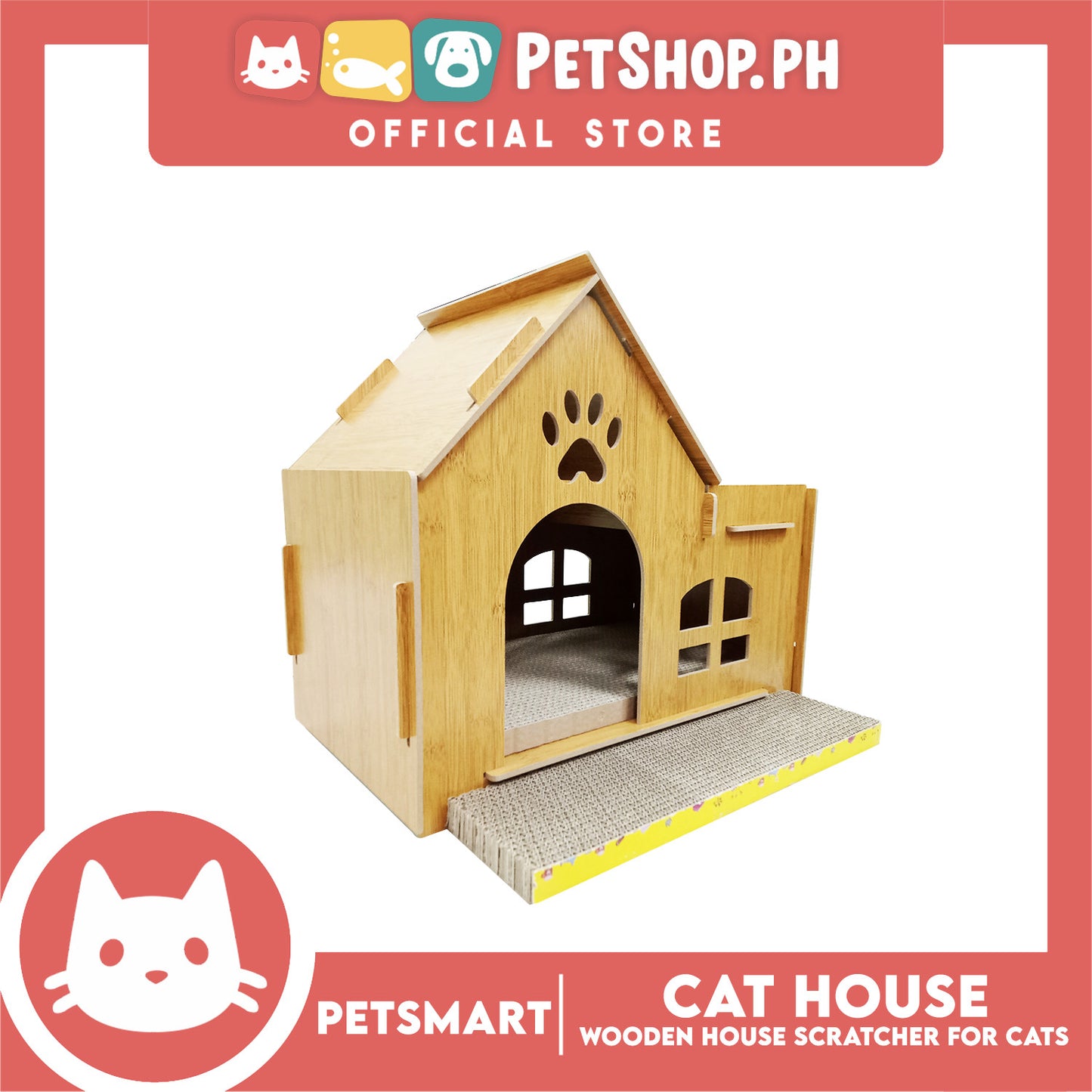 Wooden Cat House with Scratching Cardboard Cat Pad Scratcher MZB064 easy to assemble