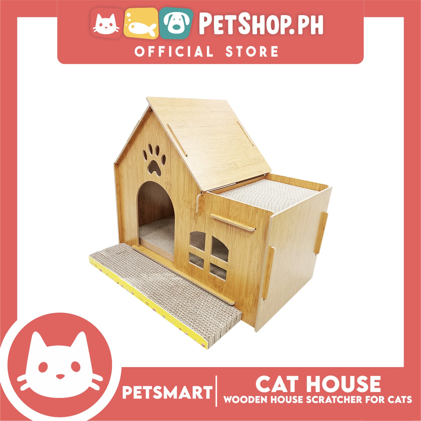 Wooden Cat House with Scratching Cardboard Cat Pad Scratcher MZB064 easy to assemble