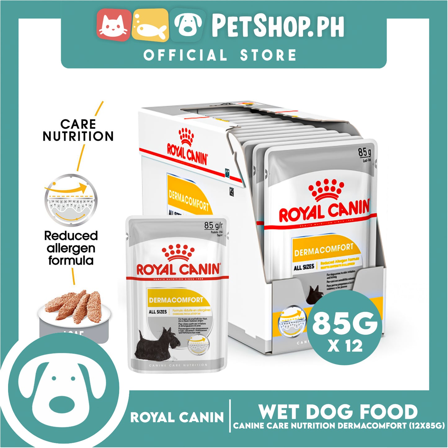 Royal Canin Dermacomfort Loaf (85g x 12g) Adult Wet Dog Food - Canine Care Nutrition