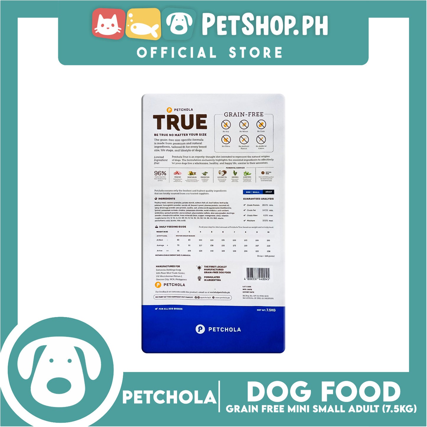 Petchola True Grain Free Mini to Small Breeds (Adult) Dog Food 7.5kg