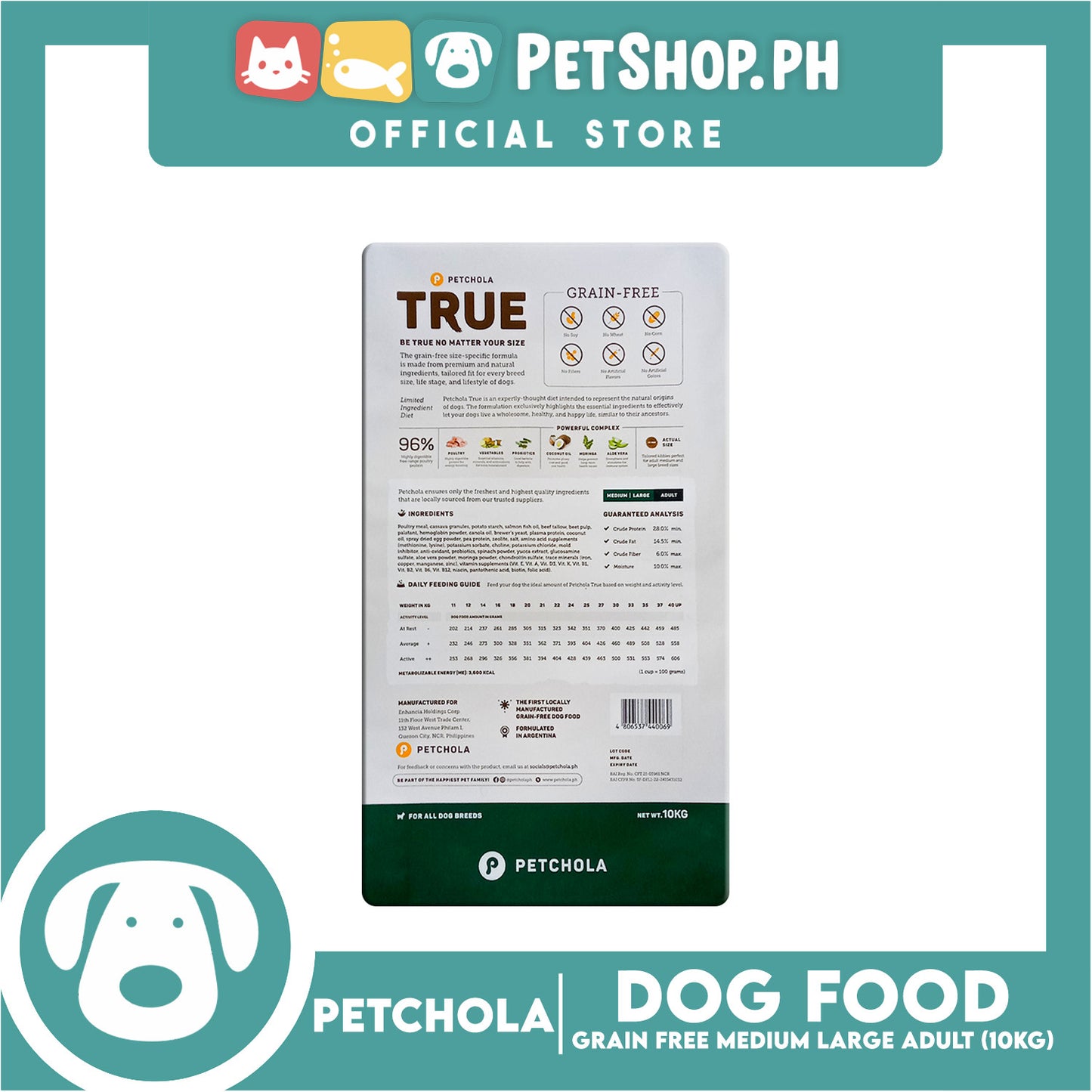 Petchola True Grain Free Medium to Large Breeds (Adult) Dog Food 10kg