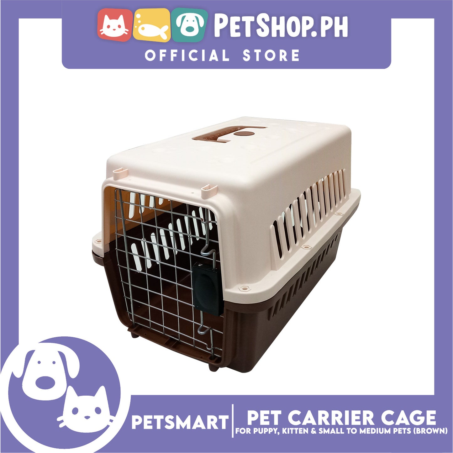 Pet Travel Carrier / Cage (Brown) Paw Prints Design for Small to Medium Pets