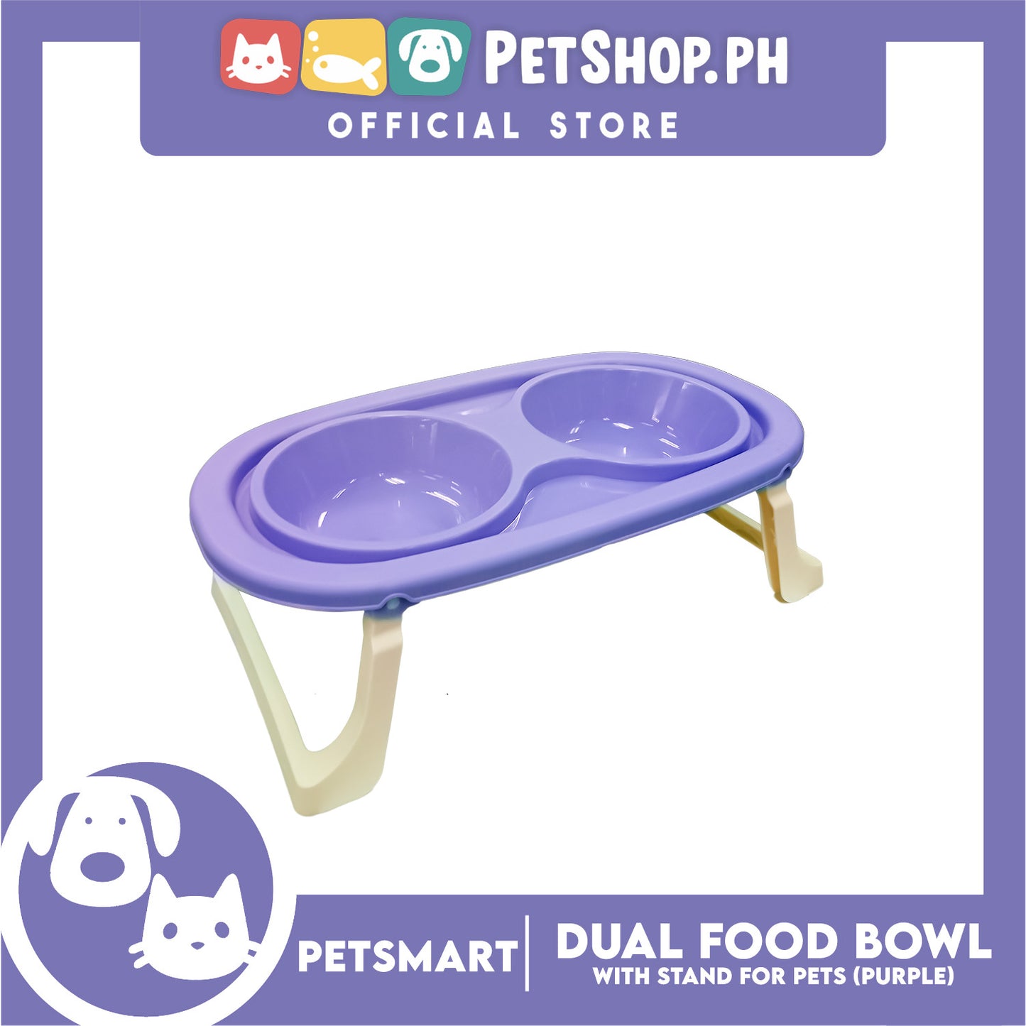 Pet Double Food Bowl With Stand (Purple) Small