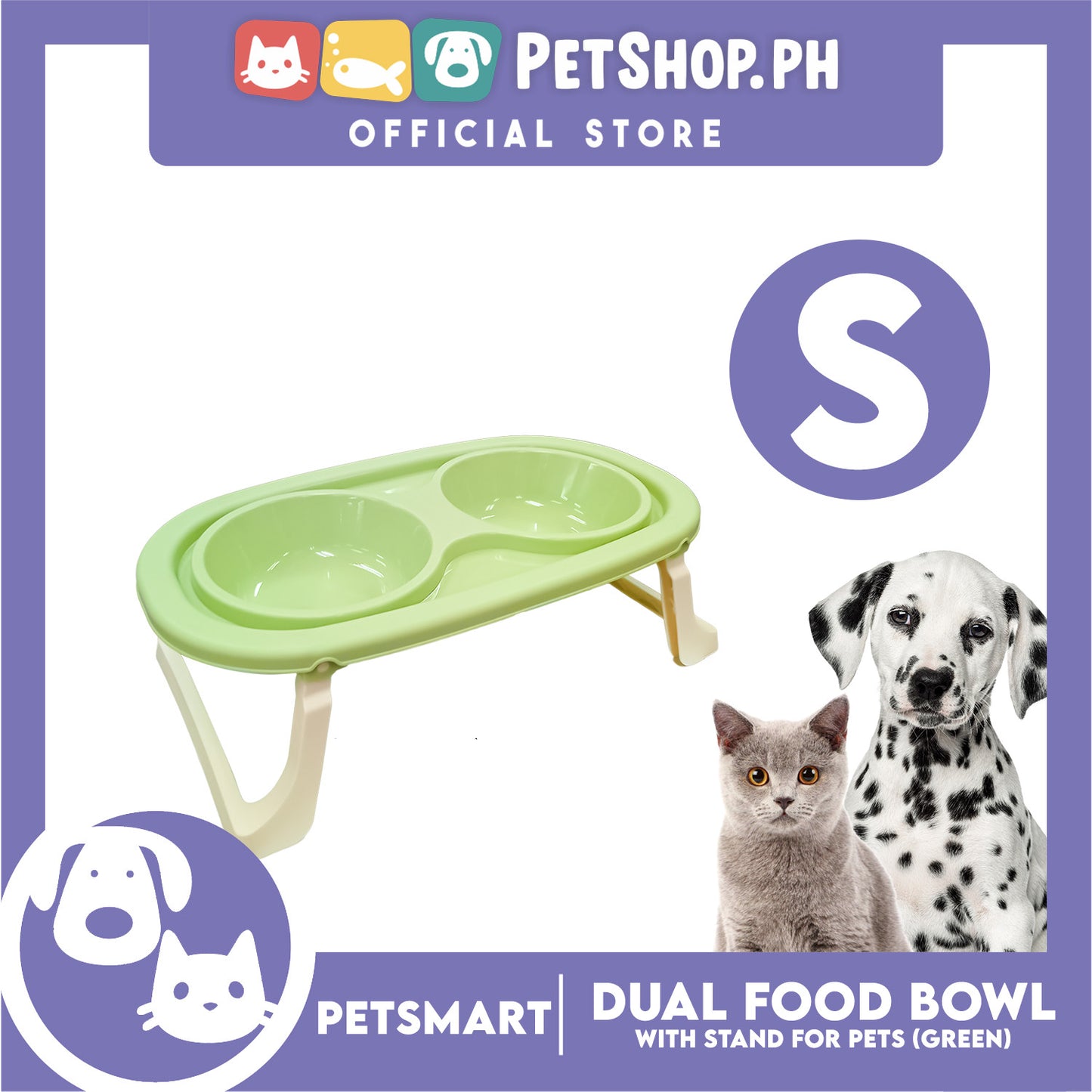 Pet Double Food Bowl With Stand (Green) Small
