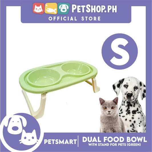 Pet Double Food Bowl With Stand (Green) Small