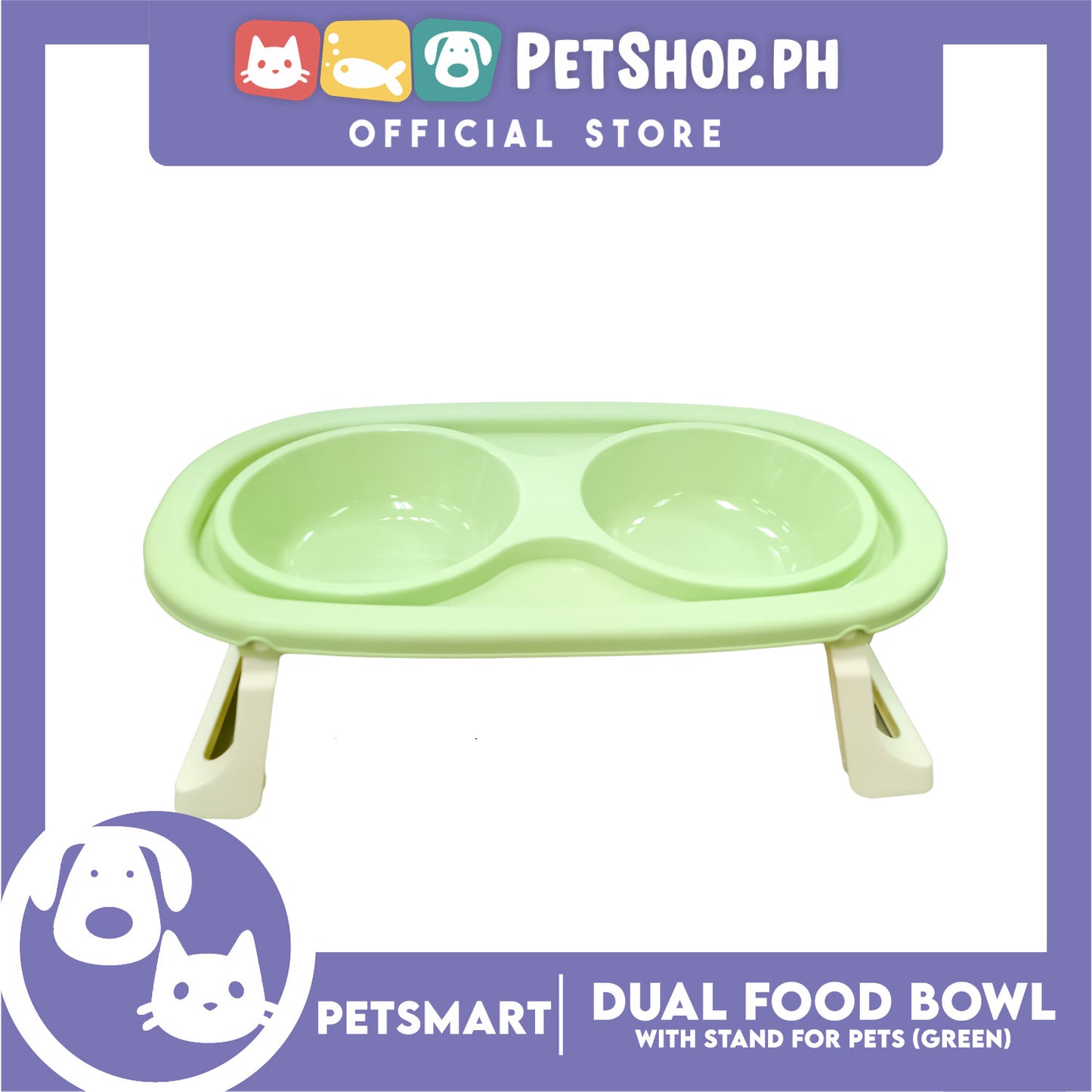 Pet Double Food Bowl With Stand (Green) Small