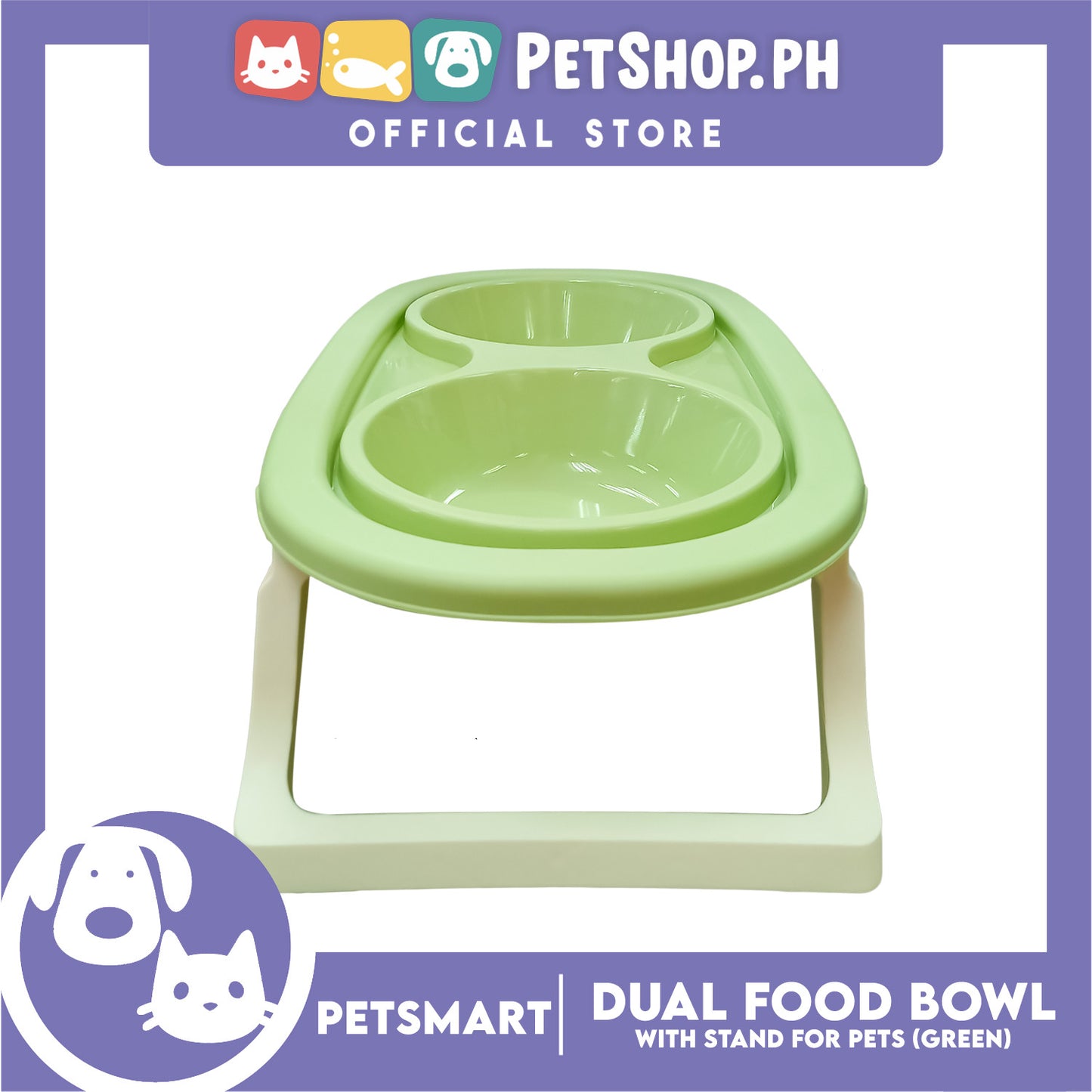 Pet Double Food Bowl With Stand (Green) Small