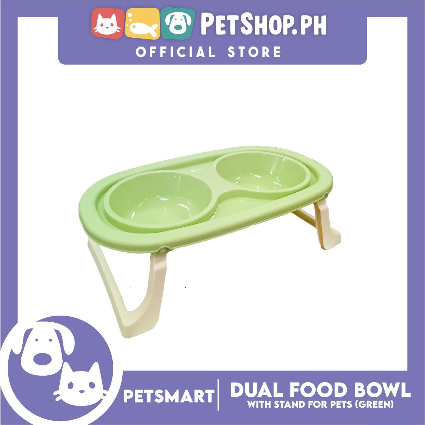 Pet Double Food Bowl With Stand (Green) Small