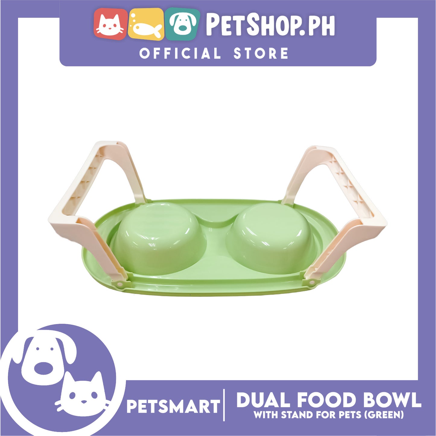 Pet Double Food Bowl With Stand (Green) Small