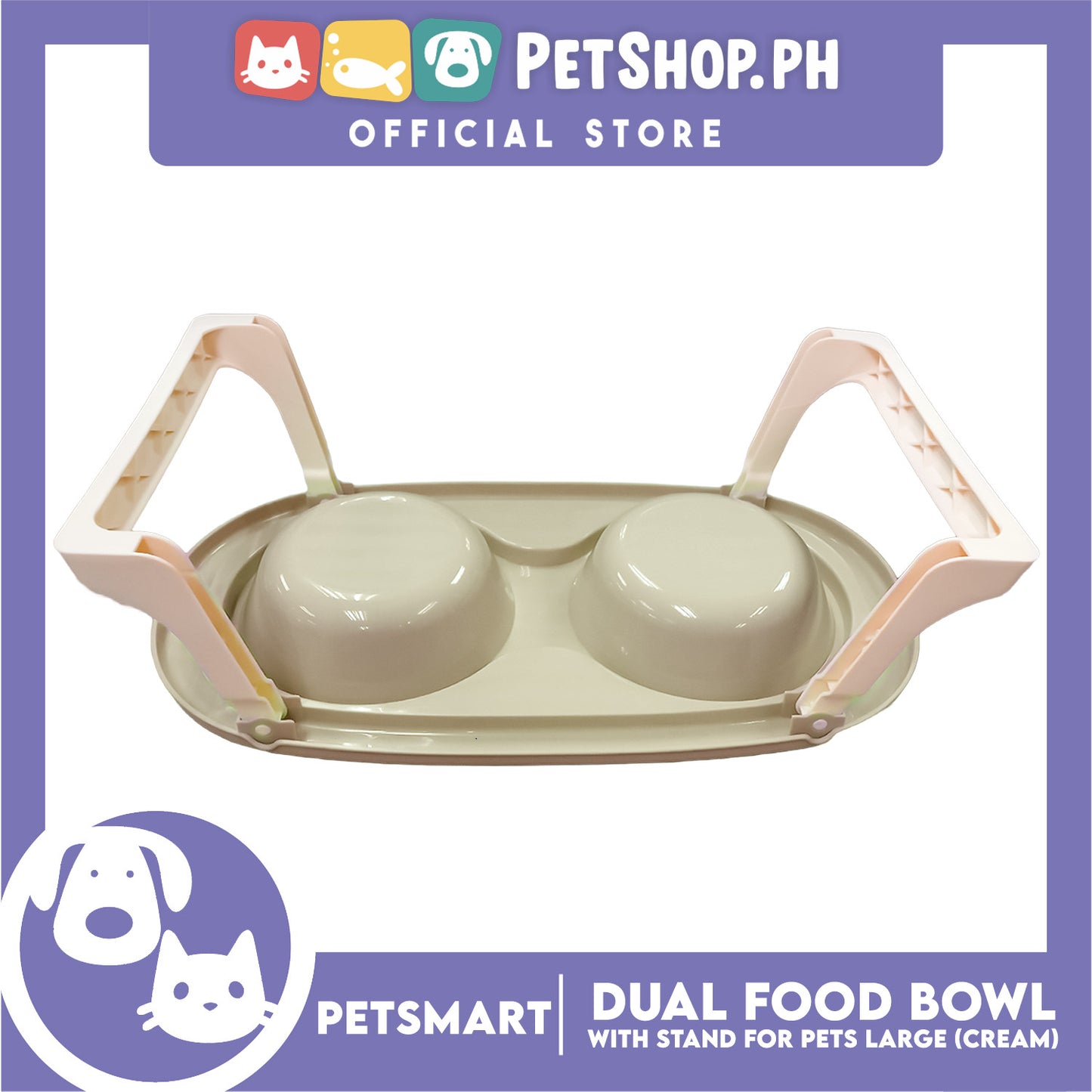 Pet Double Food Bowl With Stand (Cream) Large