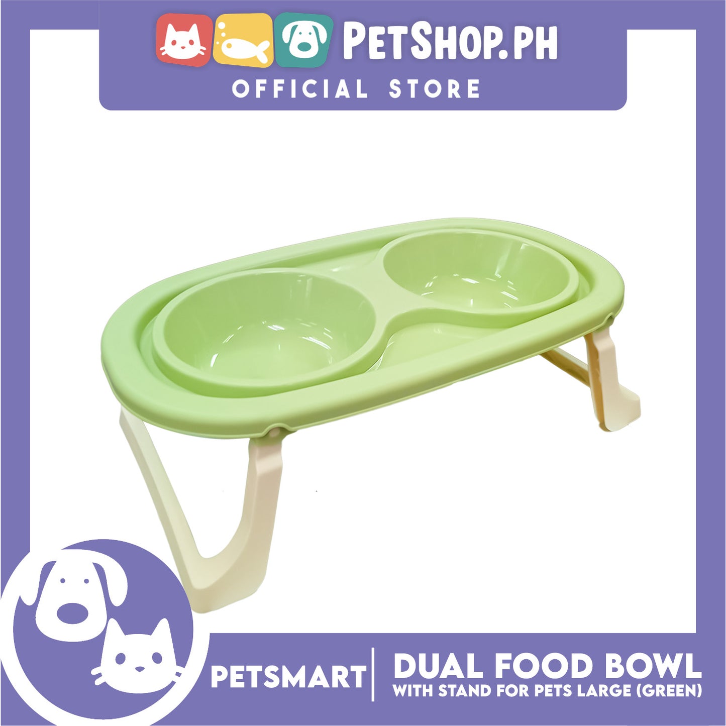Pet Double Food Bowl With Stand (Green) Large