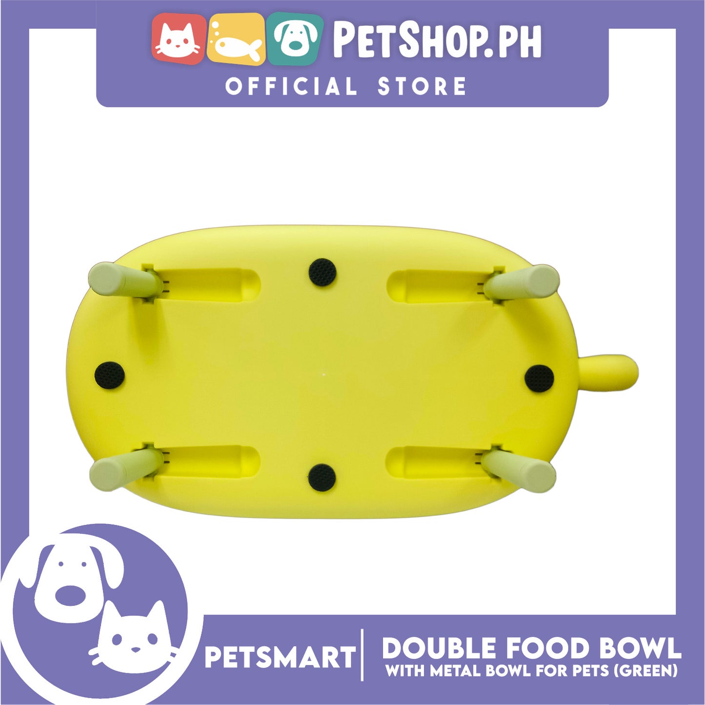 Pet Double Food Bowl With Metal Bowl (Green) Cute Animal Design