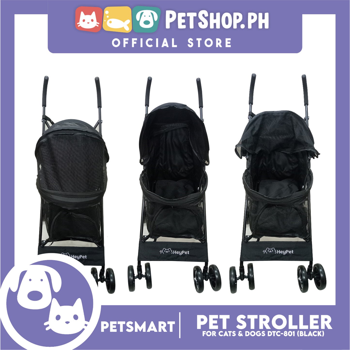 Pet Stroller / Carrier Four Wheel Foldable Stroller for Pet Cat & Dog Linen Fabric (Black) DTC-801