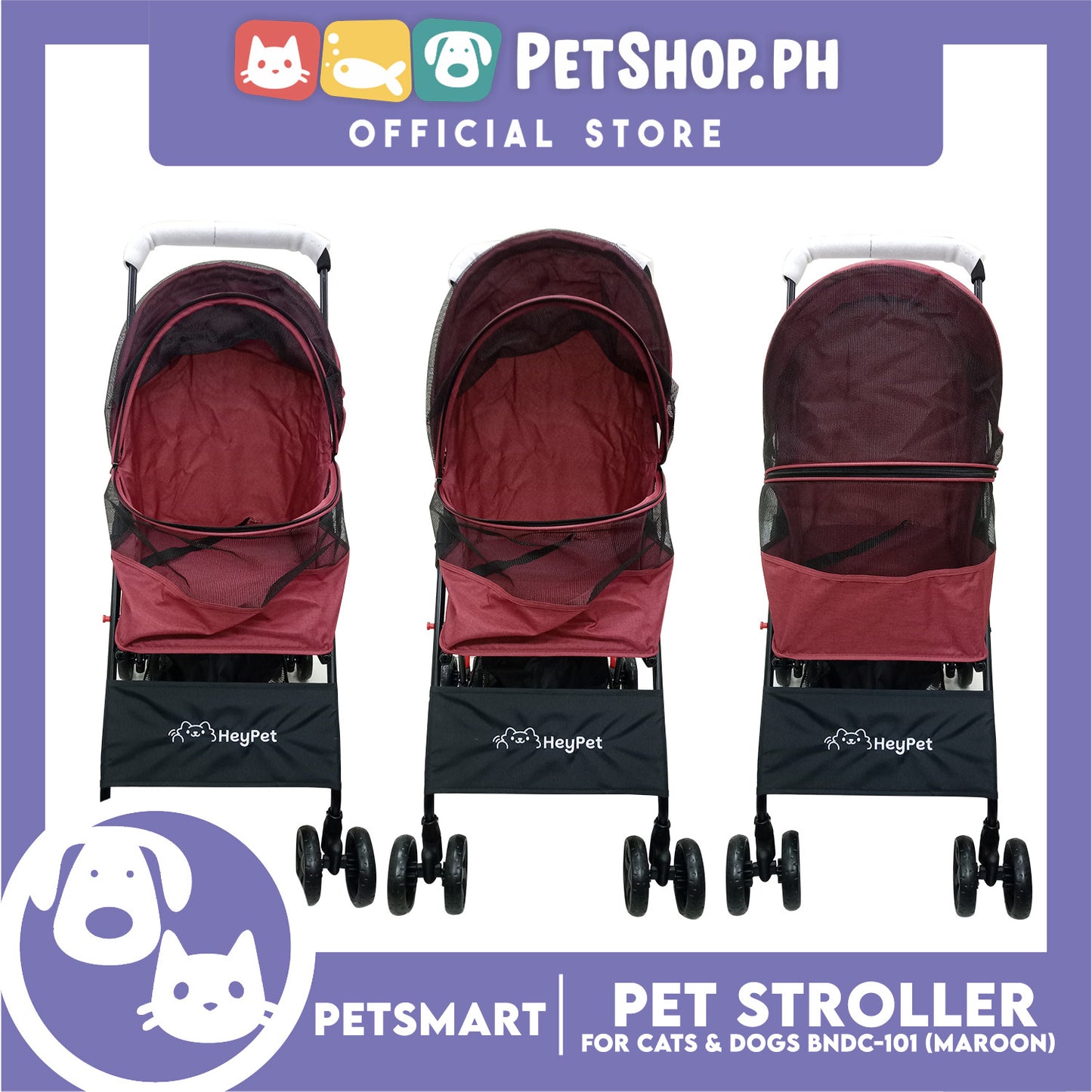 HeyPet Pet Stroller / Carrier Four Wheel Foldable Stroller for Pet Cat & Dog (Maroon) BNDC-101
