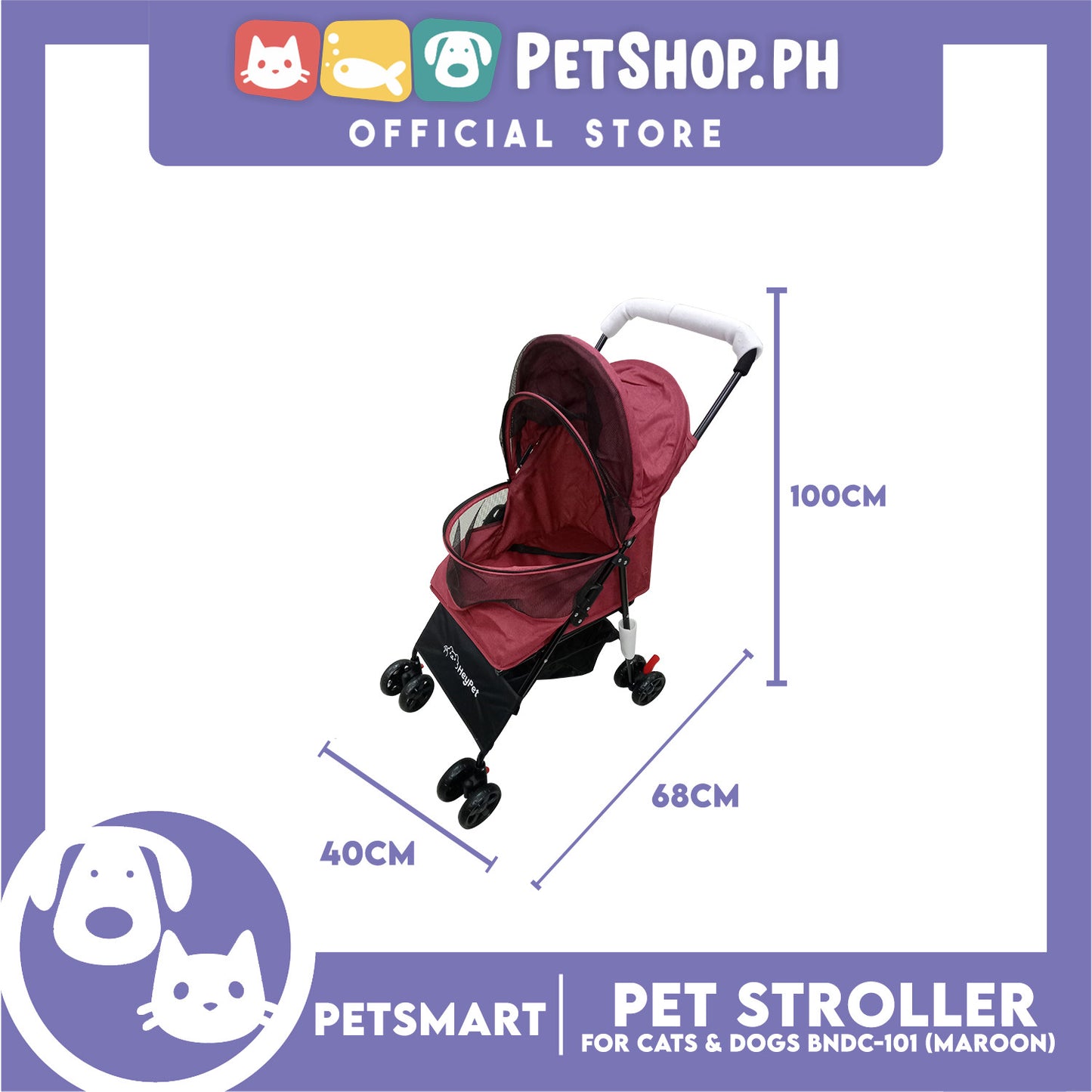 HeyPet Pet Stroller / Carrier Four Wheel Foldable Stroller for Pet Cat & Dog (Maroon) BNDC-101