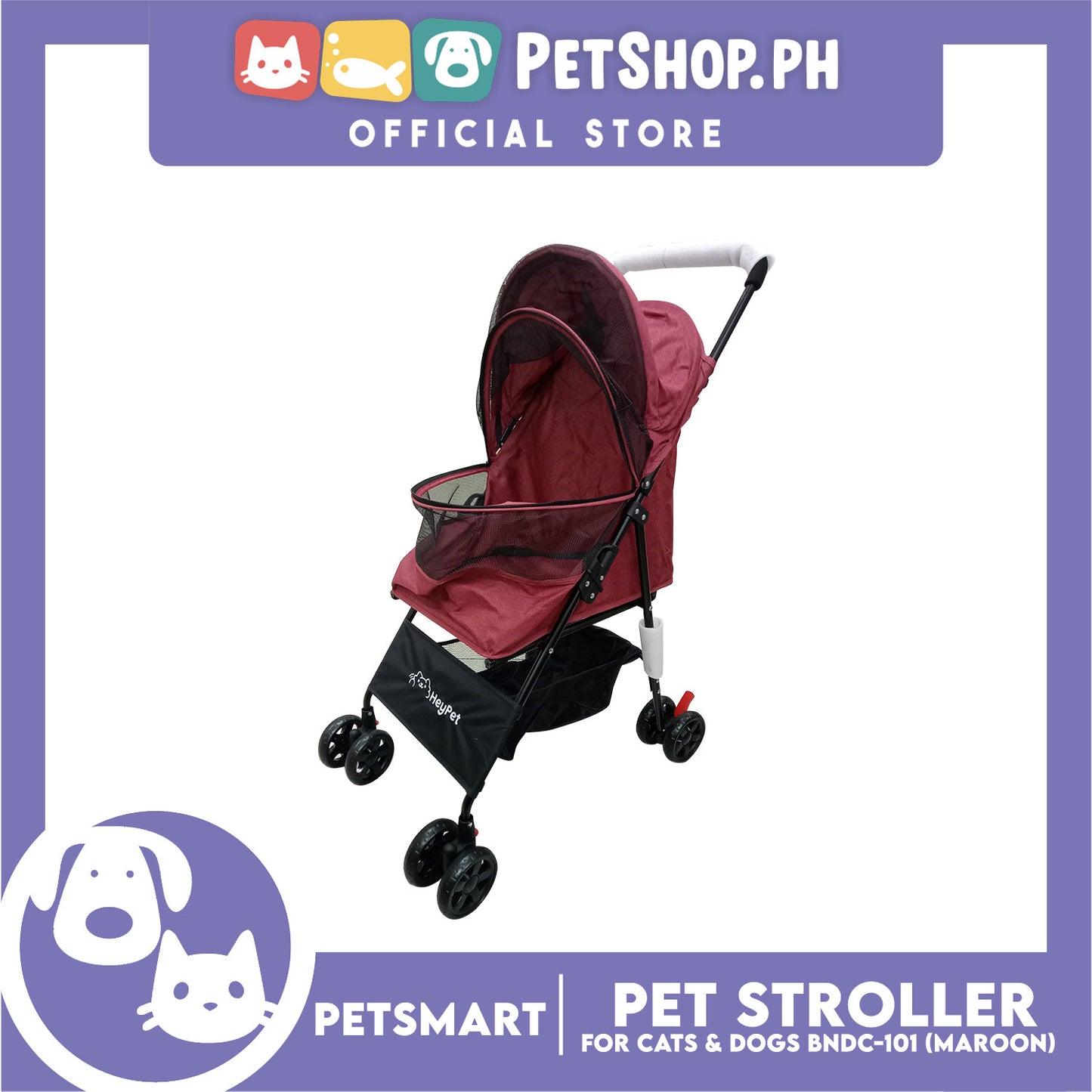 HeyPet Pet Stroller / Carrier Four Wheel Foldable Stroller for Pet Cat & Dog (Maroon) BNDC-101